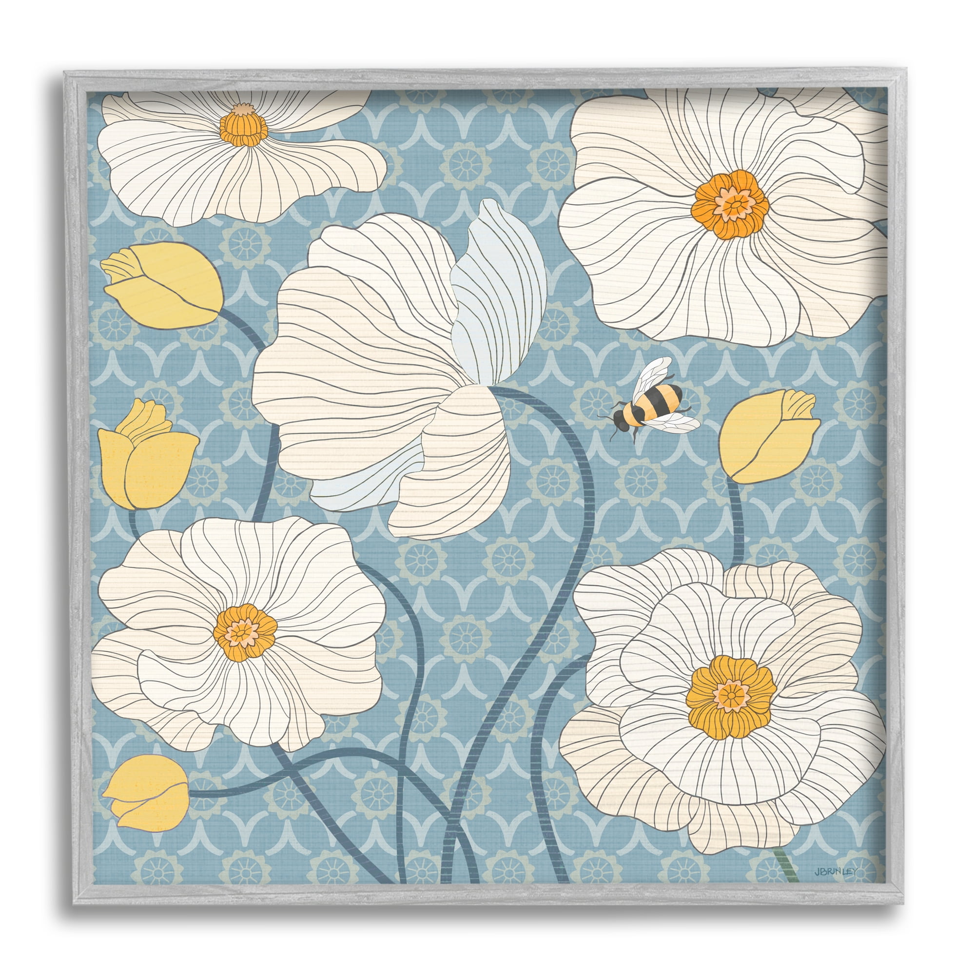 Stupell Industries Poppies with Trellis Pattern Botanical & Floral Painting Gray Framed Art Print Wall Art, 24 x 24