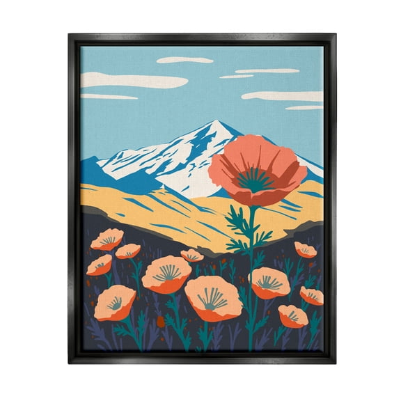 Stupell Industries Poppy Blooms Mountain Landscape Botanical & Floral Painting Black Floater Framed Art Print Wall Art
