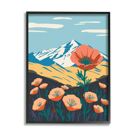 Stupell Industries Poppy Blooms Mountain Landscape Botanical & Floral Painting Black Framed Art Print Wall Art