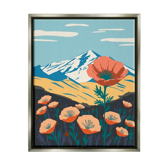 Stupell Industries Poppy Blooms Mountain Landscape Botanical & Floral Painting Gray Floater Framed Art Print Wall Art
