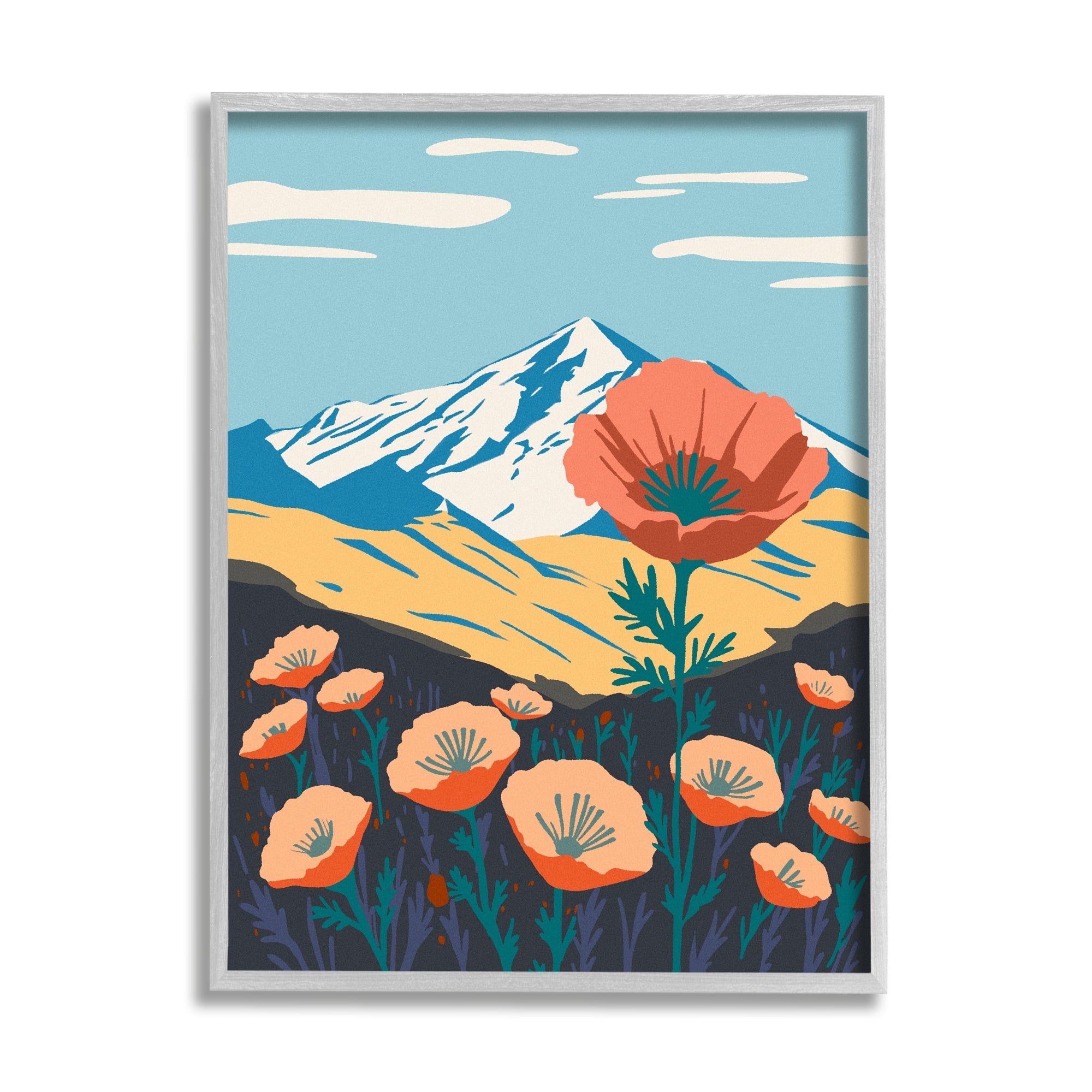 Stupell Industries Poppy Blooms Mountain Landscape Botanical & Floral Painting Gray Framed Art Print Wall Art