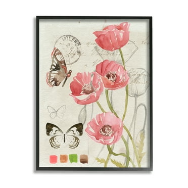 Stupell Industries Poppy Floral Field Study Color Scale Vintage Butterflies Glam Painting Black Framed Art Print Wall Art, 16 x 20, Design by Jennifer Paxton Parker