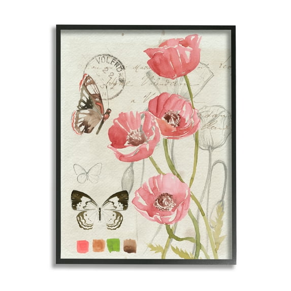 Stupell Industries Poppy Floral Field Study Color Scale Vintage Butterflies Glam Painting Black Framed Art Print Wall Art, 24 x 30, Design by Jennifer Paxton Parker