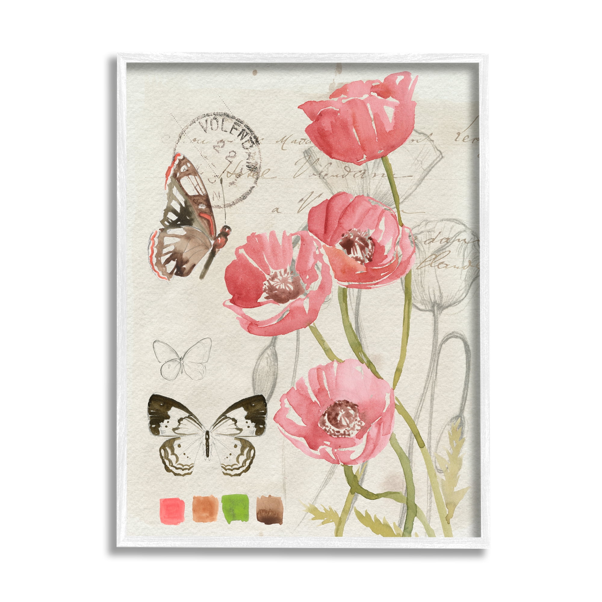 Stupell Industries Poppy Floral Field Study Color Scale Vintage Butterflies Glam Painting White Framed Art Print Wall Art, 11 x 14, Design by Jennifer Paxton Parker