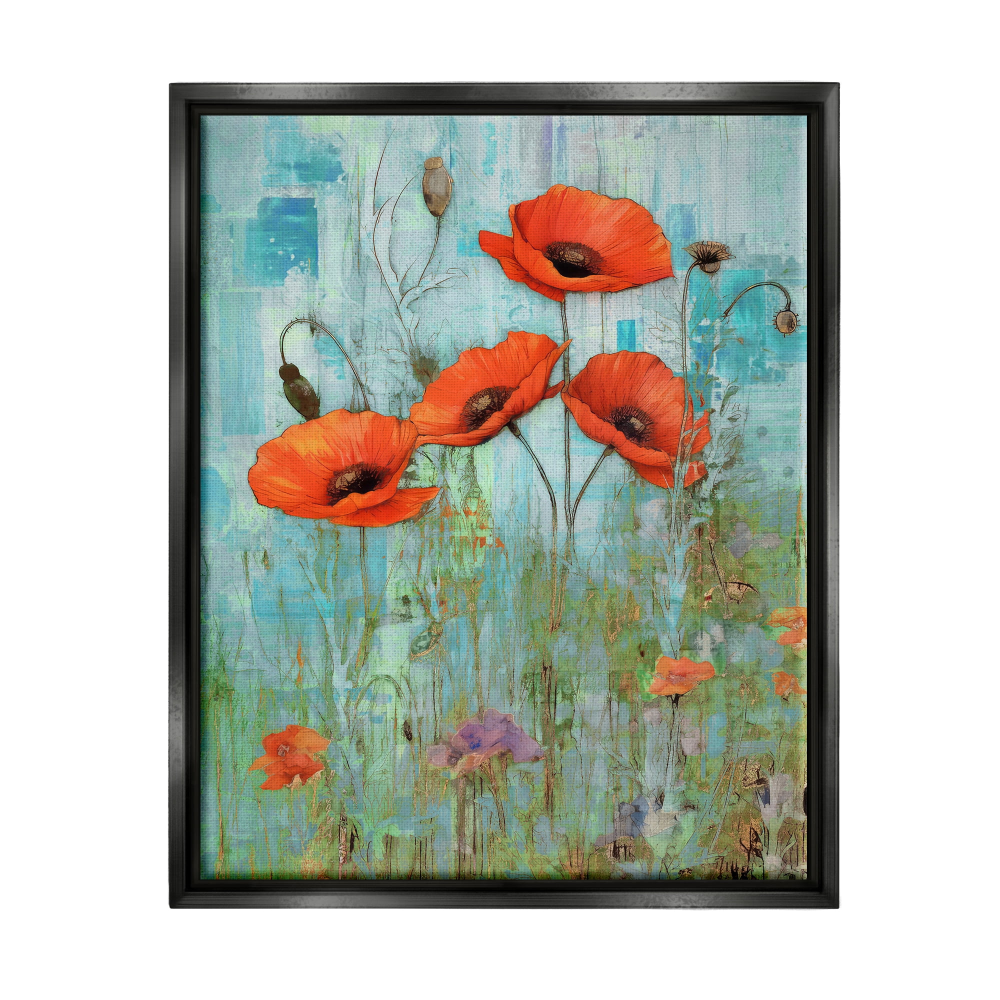 Stupell Industries Poppy Meadow on Blue Botanical & Floral Painting Black Floater Framed Canvas Art Print Wall Art, 25 x 31