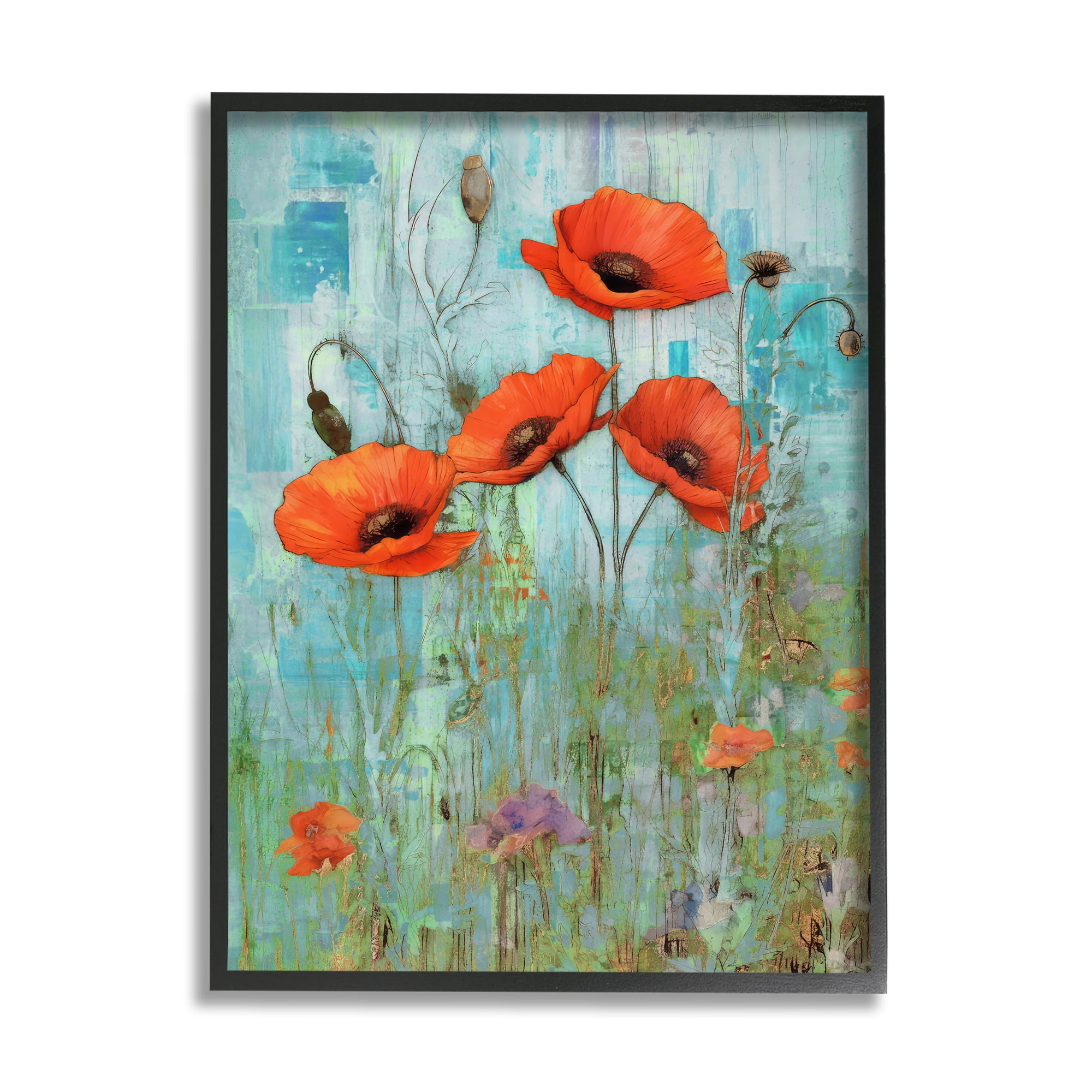 Stupell Industries Poppy Meadow on Blue Botanical & Floral Painting Black Framed Art Print Wall Art, 11 x 14