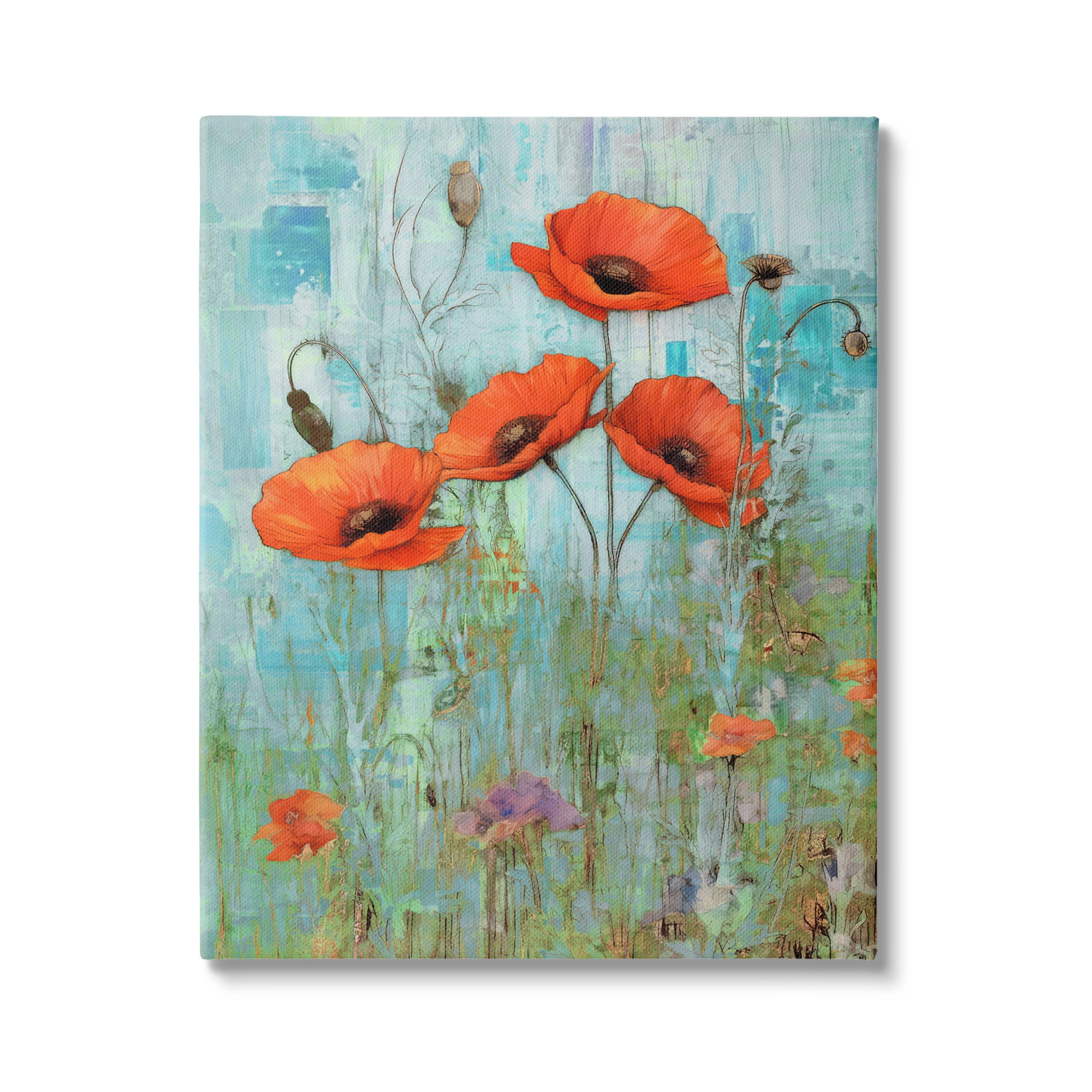 Stupell Industries Poppy Meadow on Blue Botanical & Floral Painting Gallery Wrapped Canvas Art Print Wall Art, 36 x 48