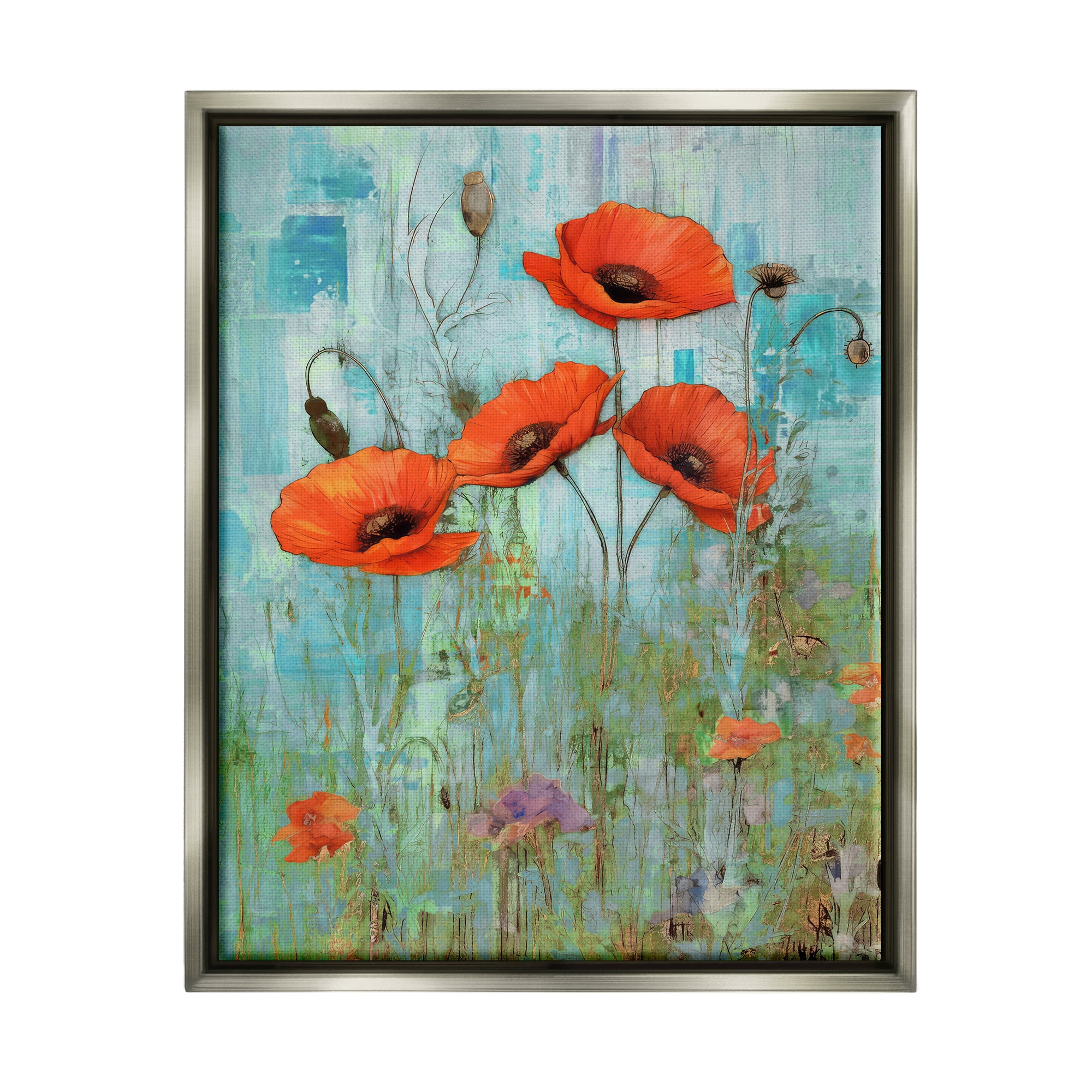 Stupell Industries Poppy Meadow on Blue Botanical & Floral Painting Gray Floater Framed Canvas Art Print Wall Art, 25 x 31
