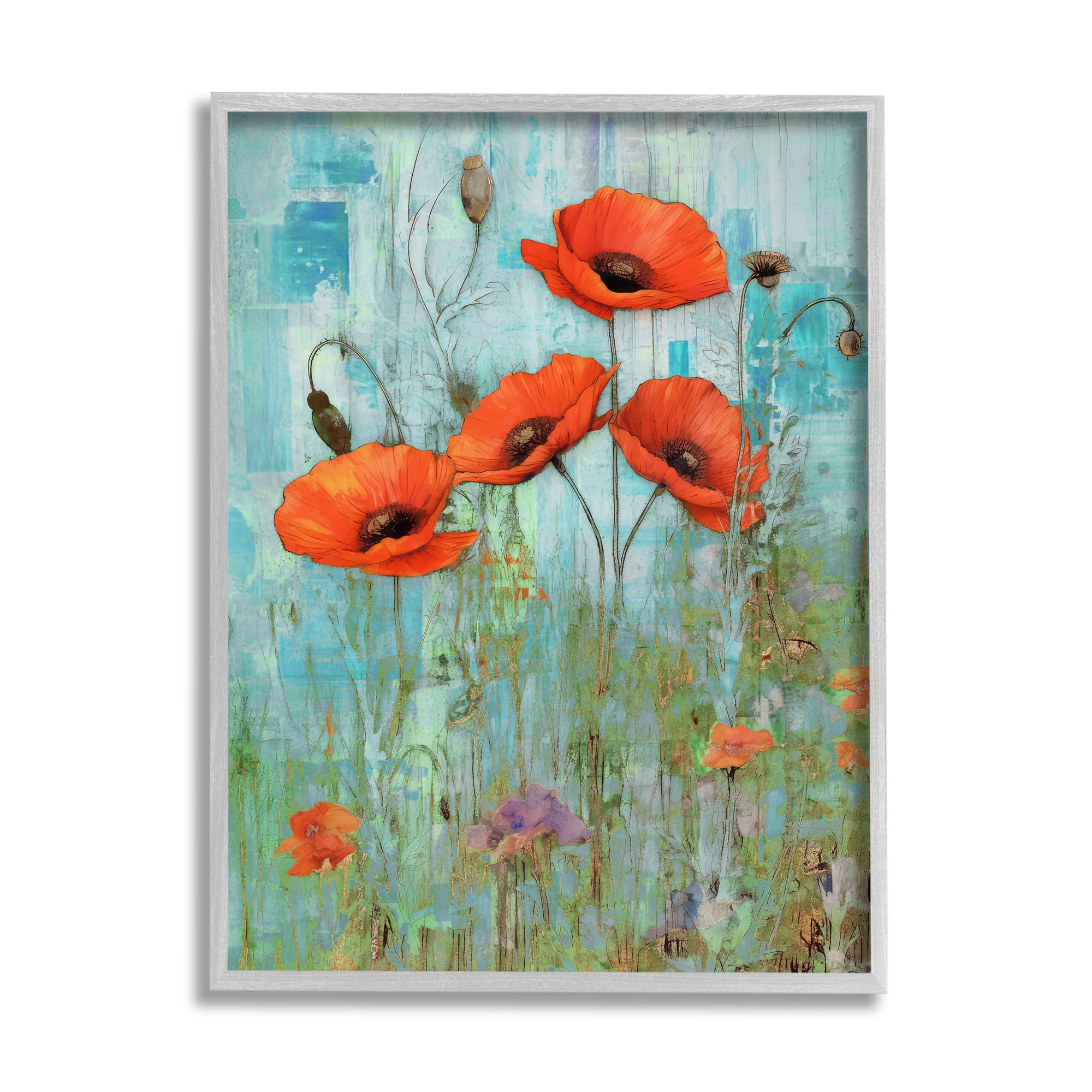 Stupell Industries Poppy Meadow on Blue Botanical & Floral Painting Gray Framed Art Print Wall Art, 11 x 14