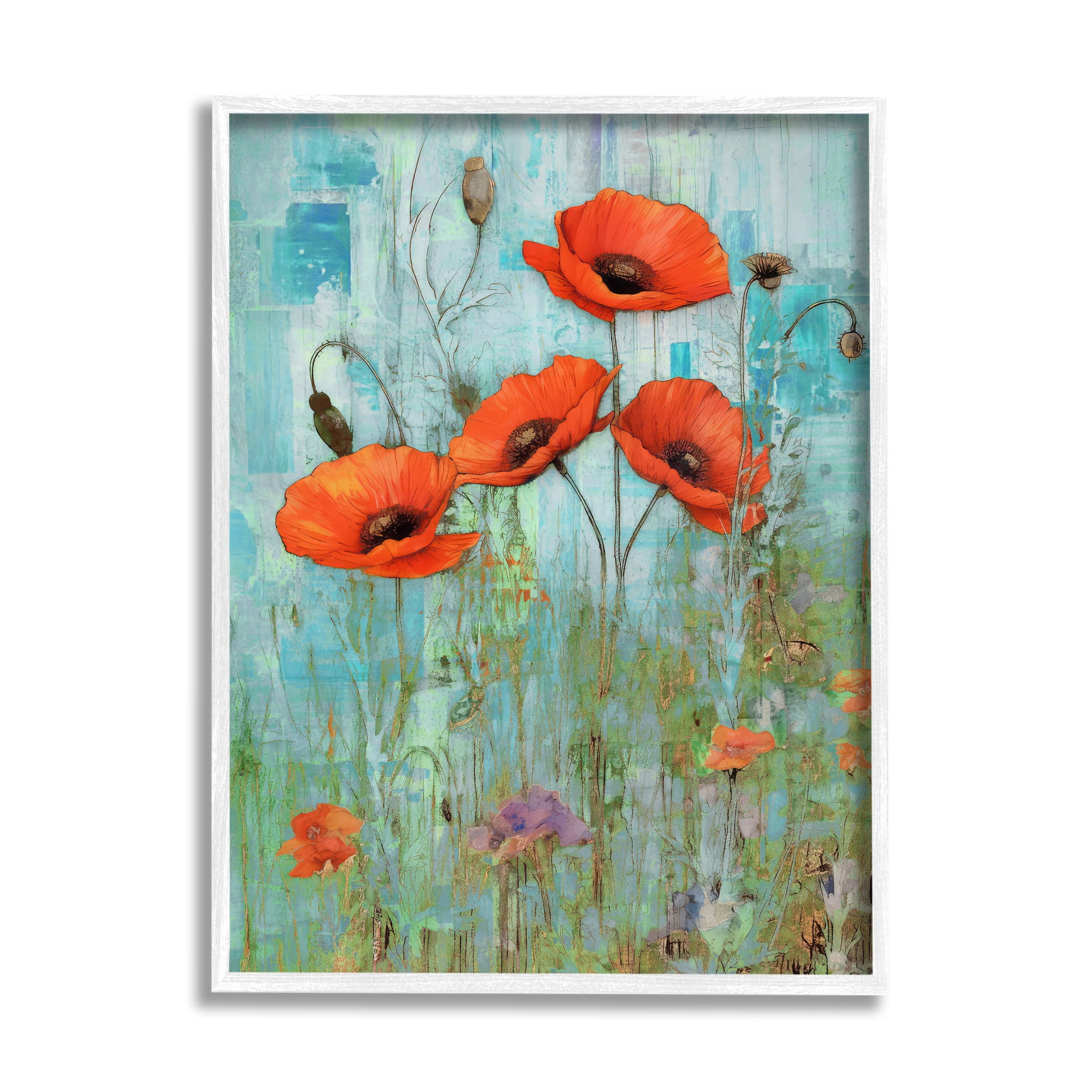 Stupell Industries Poppy Meadow on Blue Botanical & Floral Painting White Framed Art Print Wall Art, 16 x 20