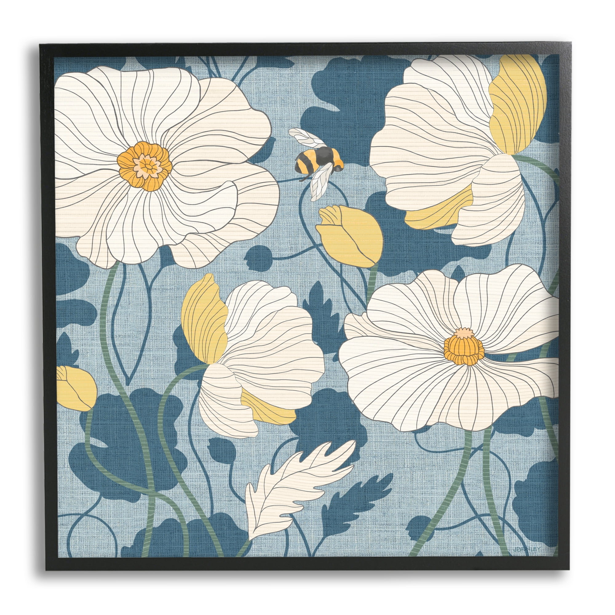 Stupell Industries Poppy Pattern on Blue Botanical & Floral Painting Black Framed Art Print Wall Art, 24 x 24