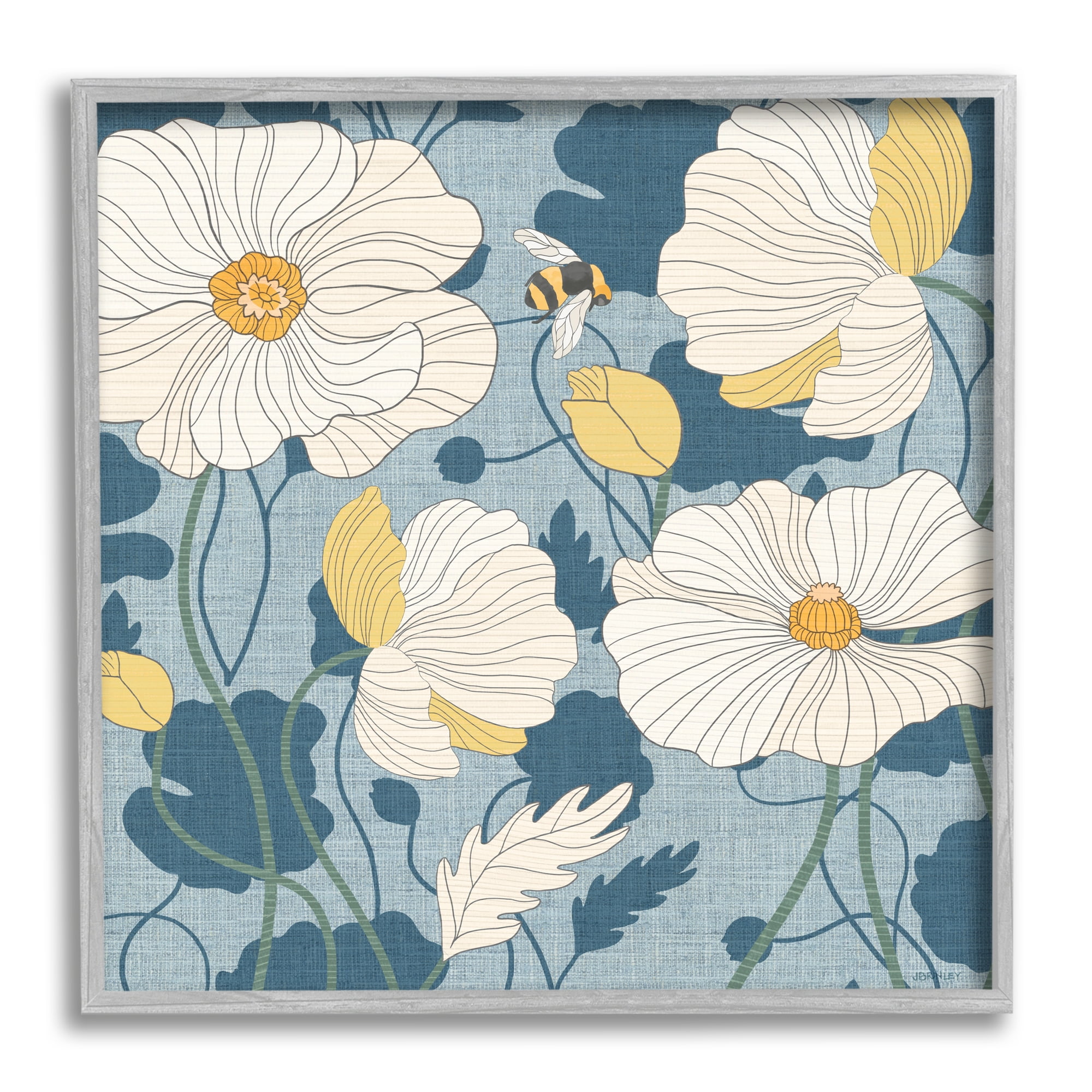 Stupell Industries Poppy Pattern on Blue Botanical & Floral Painting Gray Framed Art Print Wall Art, 24 x 24
