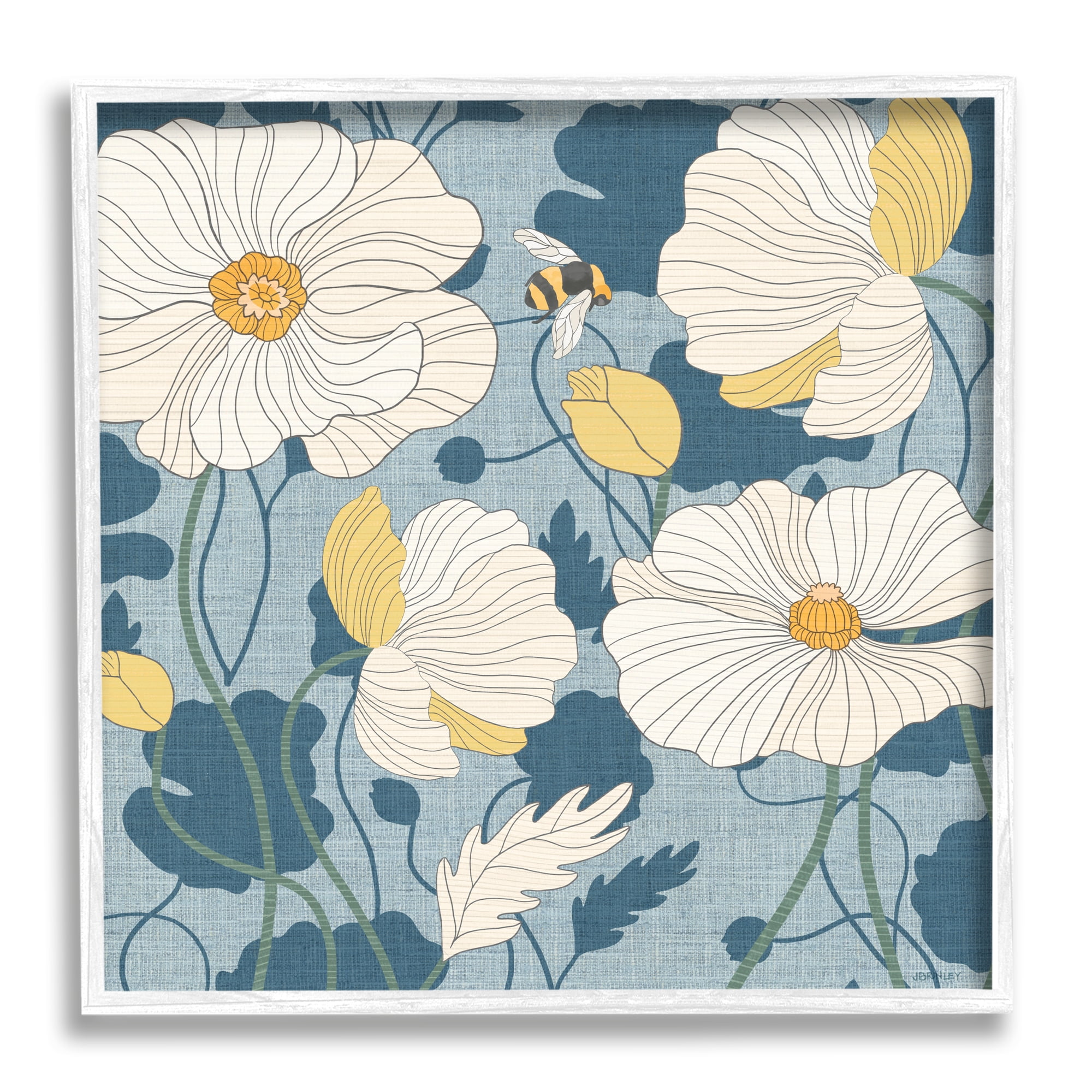 Stupell Industries Poppy Pattern on Blue Botanical & Floral Painting White Framed Art Print Wall Art, 24 x 24