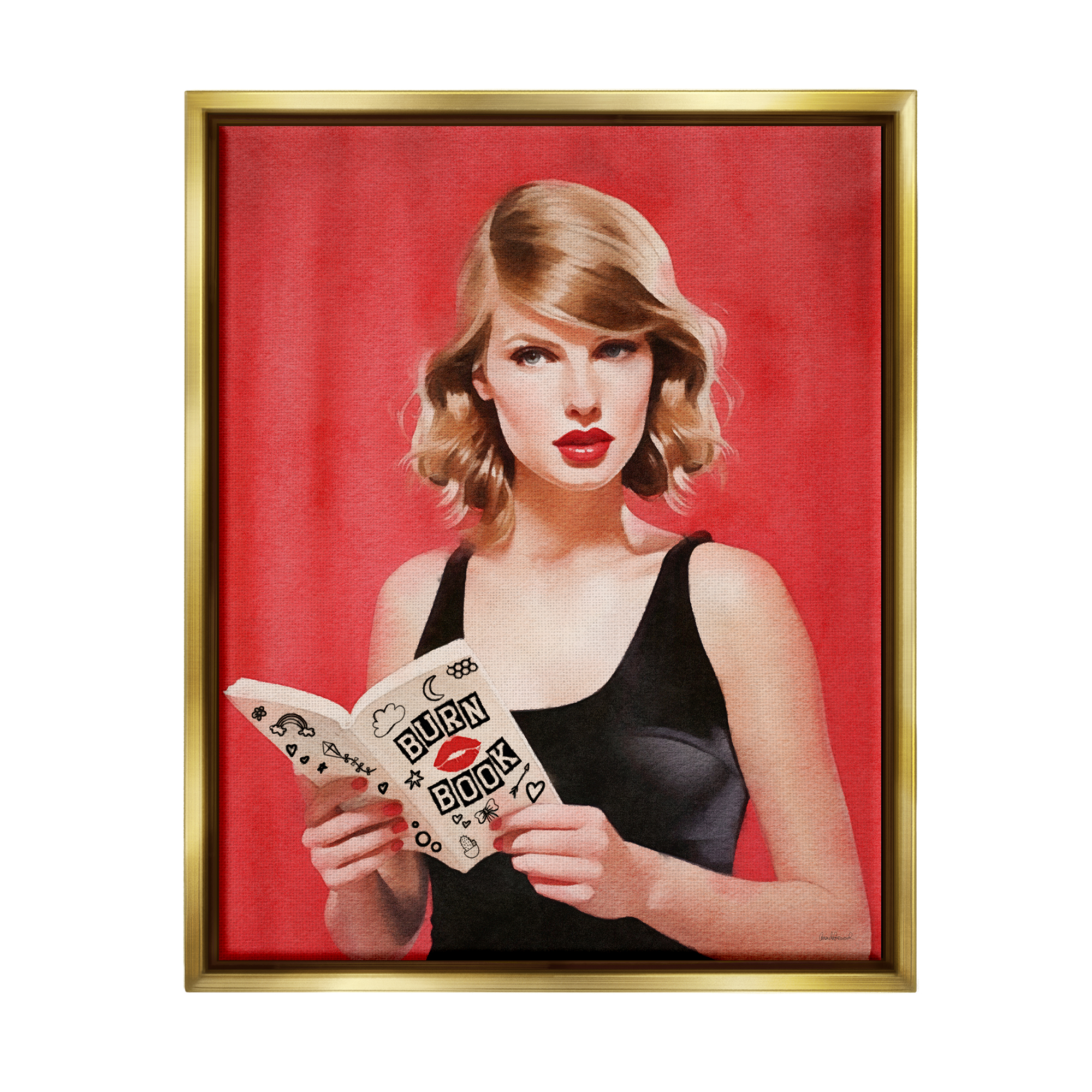 Stupell Industries Popstar Reading Book Red Literature & Flim Painting Gold Floater Framed Canvas Art Print Wall Art, 25 x 31