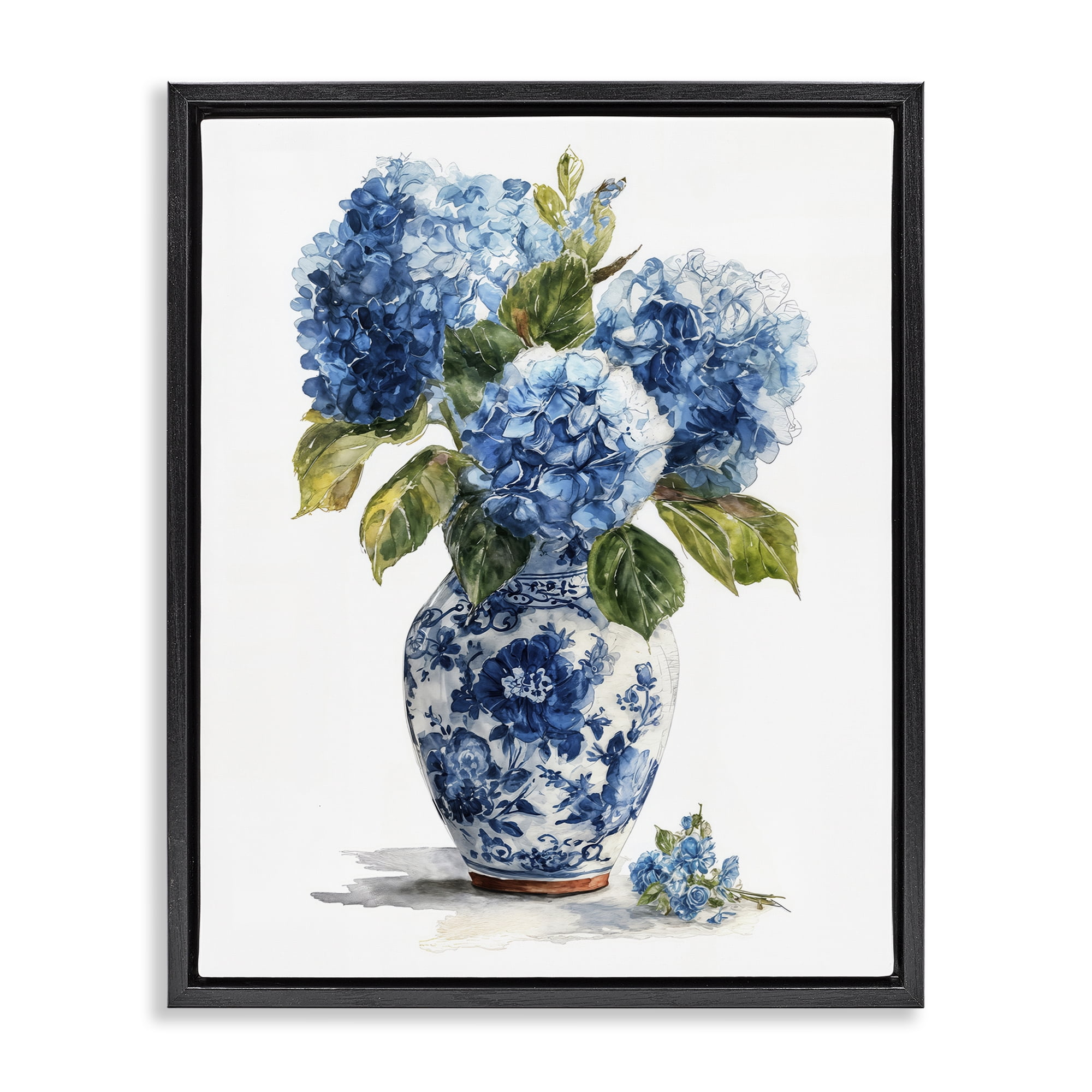 Stupell Industries Porcelain Vase with Hydrangea Bouquet Black Framed Floater Canvas Wall Art, design by Imagine It Images