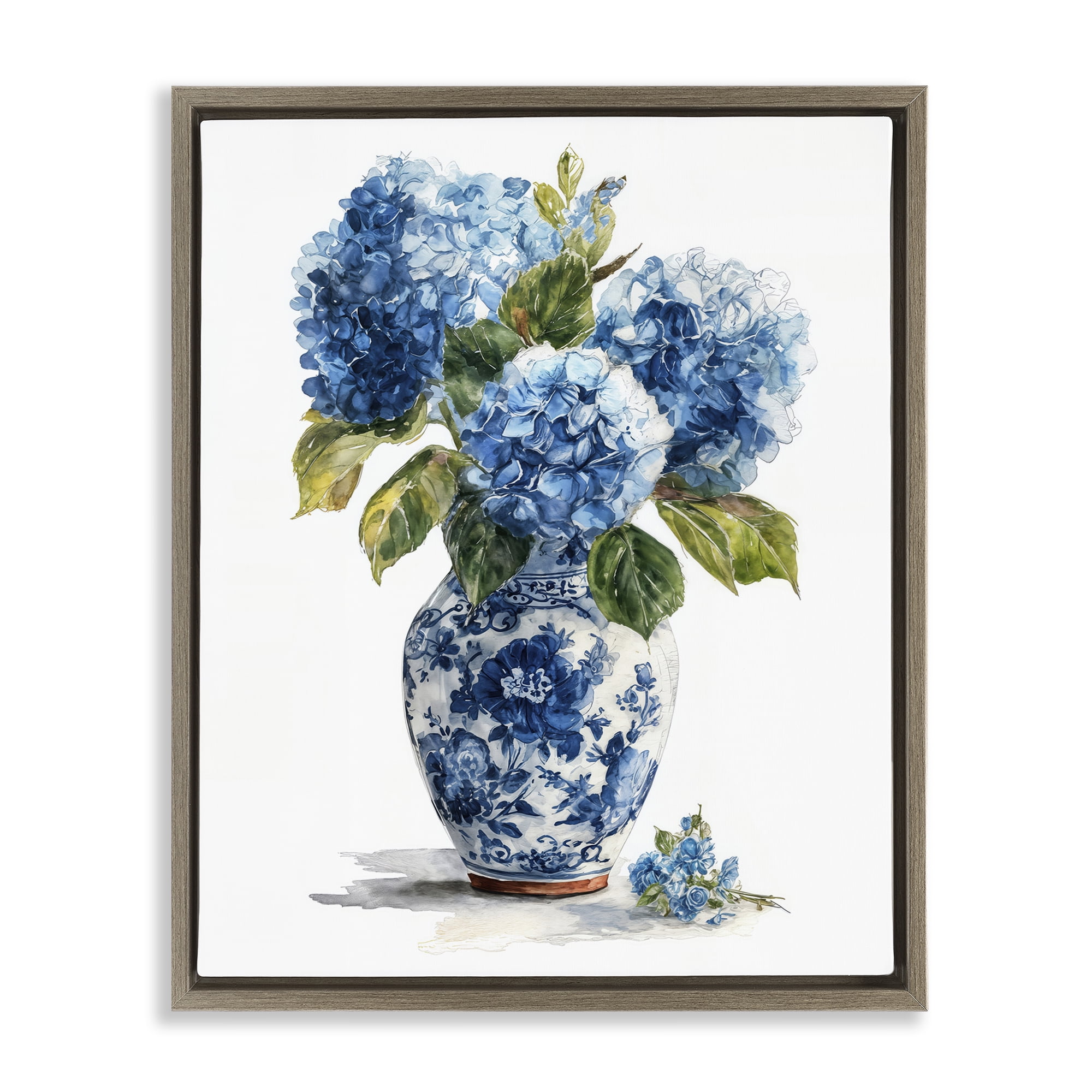 Stupell Industries Porcelain Vase with Hydrangea Bouquet Brown Framed Floater Canvas Wall Art, design by Imagine It Images