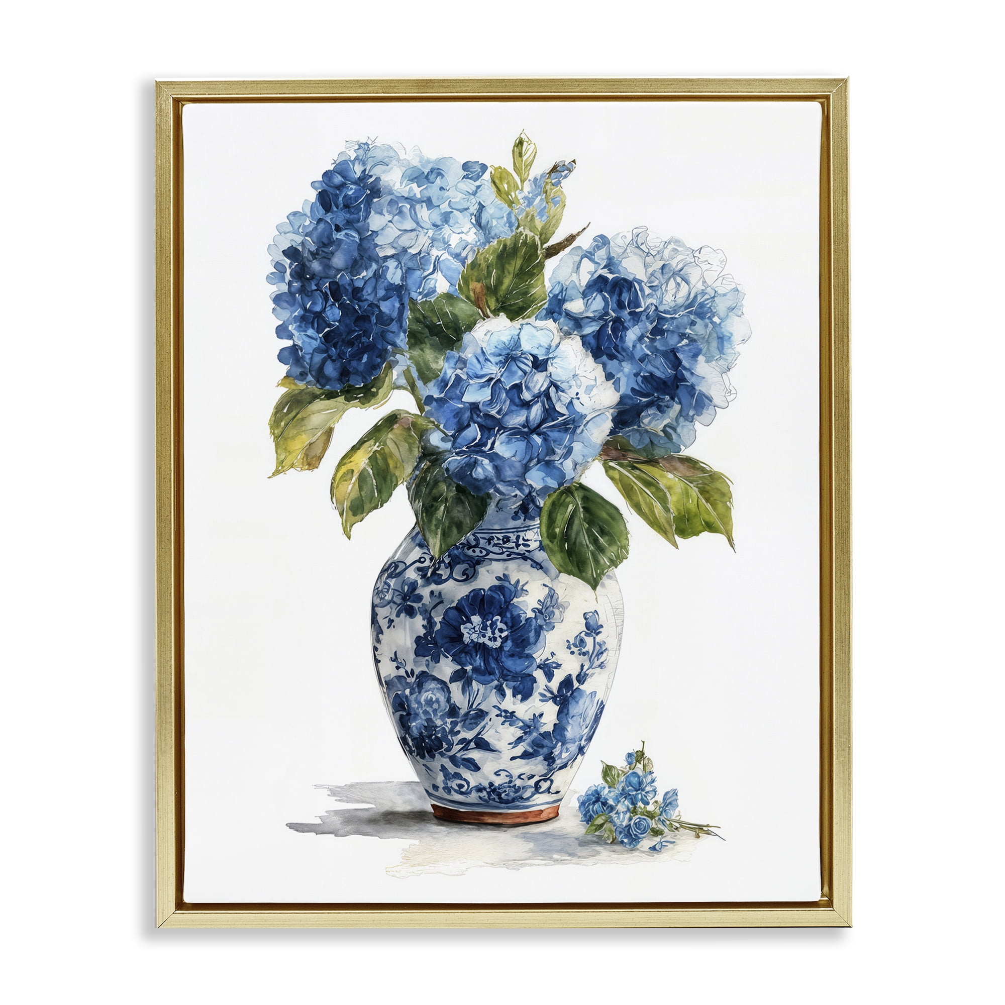 Stupell Industries Porcelain Vase with Hydrangea Bouquet Gold Framed Floater Canvas Wall Art, design by Imagine It Images