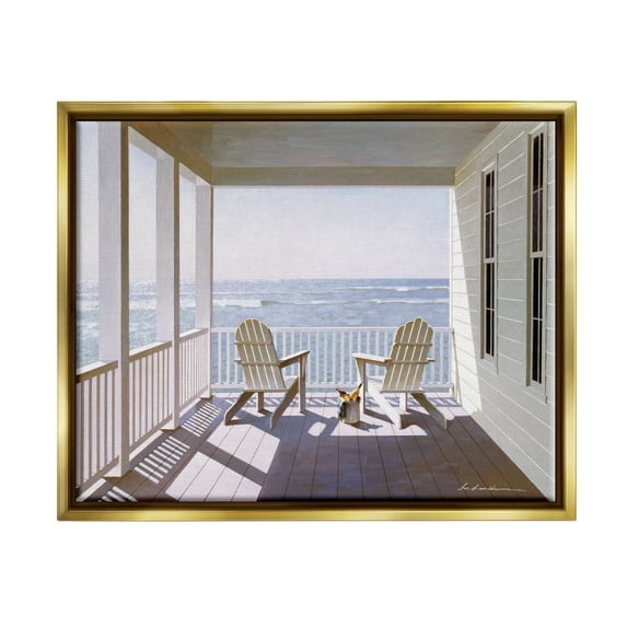 Stupell Industries Porch Chairs Overlooking the Tide Realistic Painting Metallic Gold Framed Floating Canvas Wall Art, 16x20, by Zhen-Huan Lu
