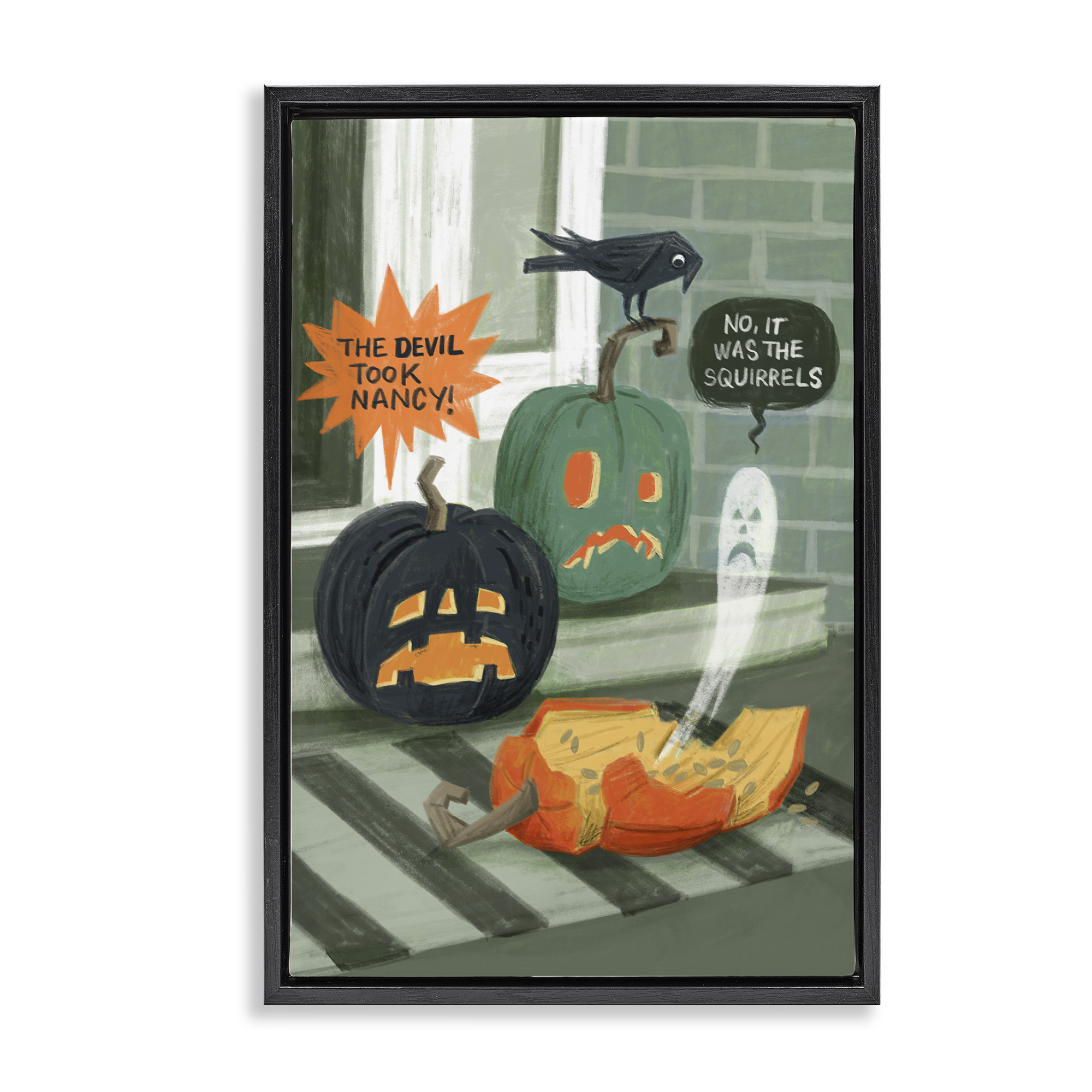 Stupell Industries Porch Pumpkins Mystery Holiday Painting Black Floater Framed Canvas Art Print Wall Art, 21 x 31