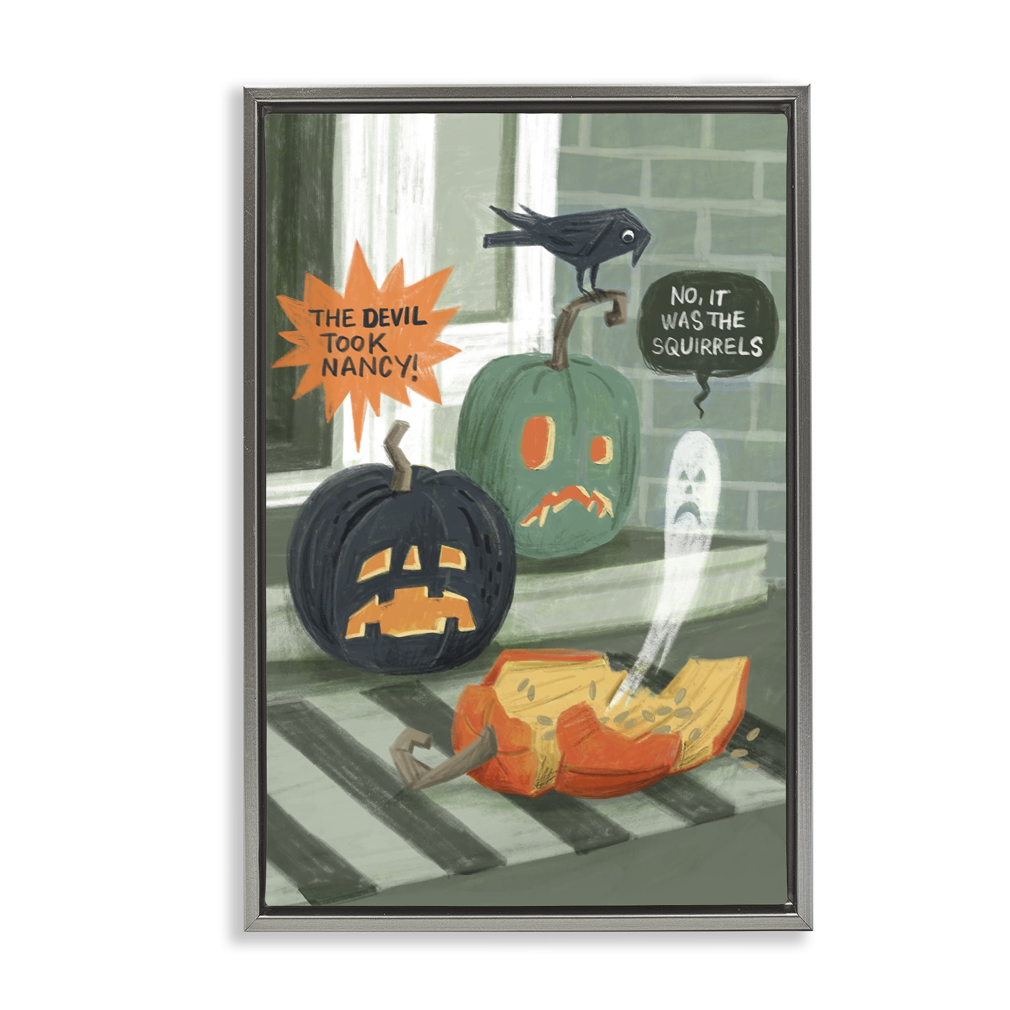 Stupell Industries Porch Pumpkins Mystery Holiday Painting Gray Floater Framed Canvas Art Print Wall Art, 21 x 31