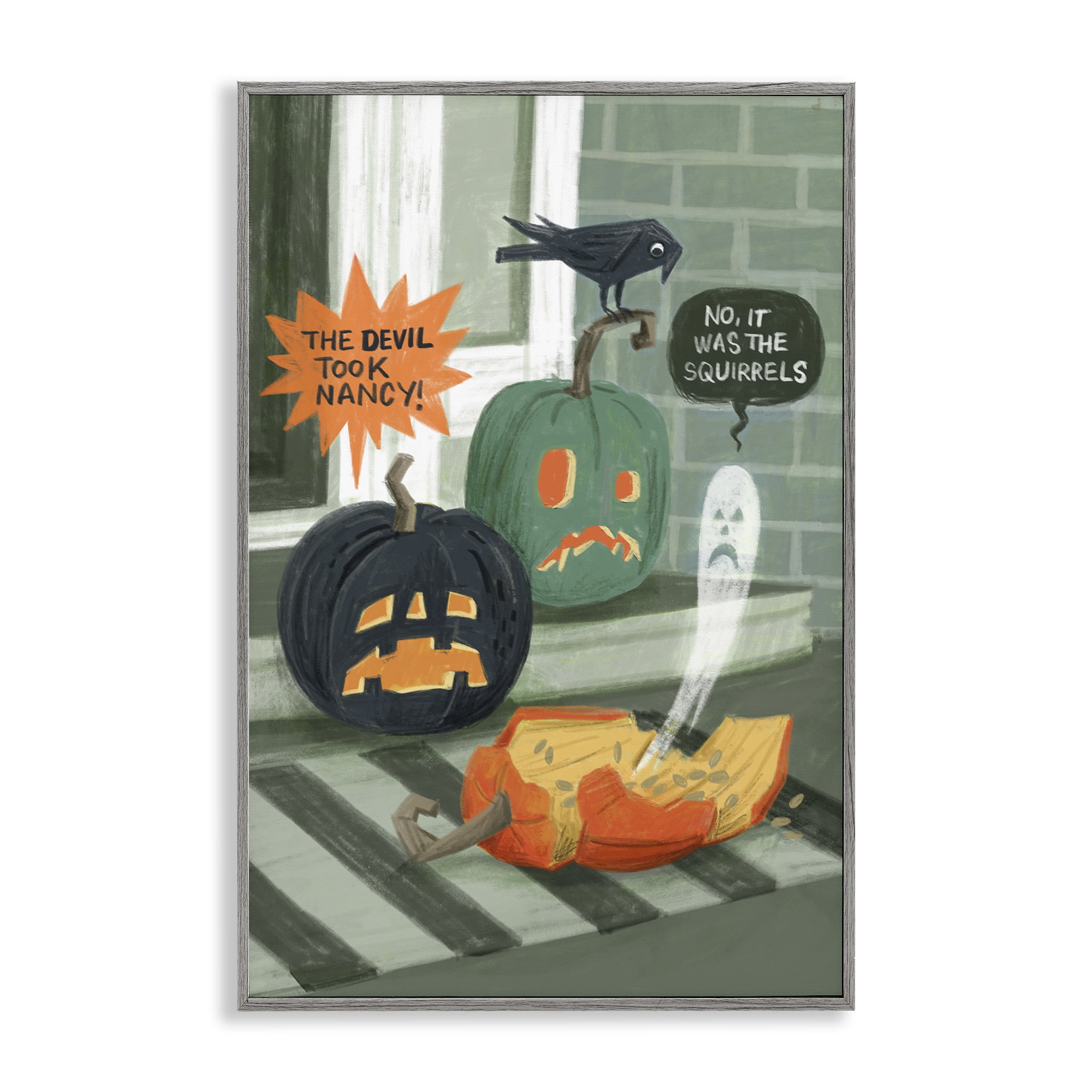 Stupell Industries Porch Pumpkins Mystery Holiday Painting Gray Framed Art Print Wall Art, 12 x 18