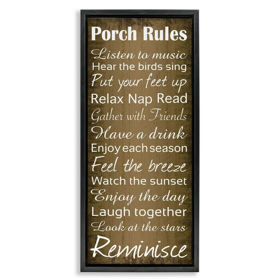 Stupell Industries Porch Rules Country Rustic Typography Painting Black Floater Framed Canvas Art Print Wall Art, 11 x 25