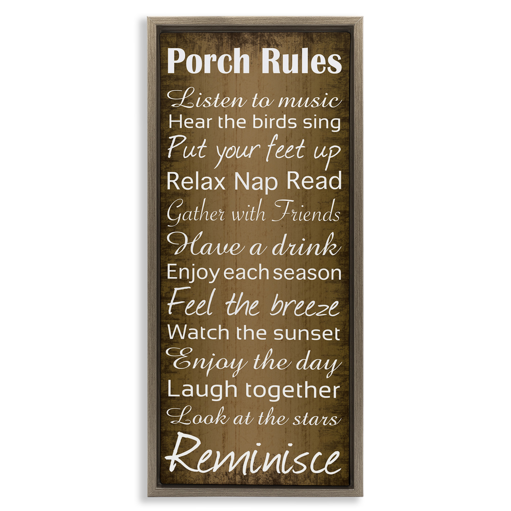 Stupell Industries Porch Rules Country Rustic Typography Painting Brown Floater Framed Canvas Art Print Wall Art, 11 x 25