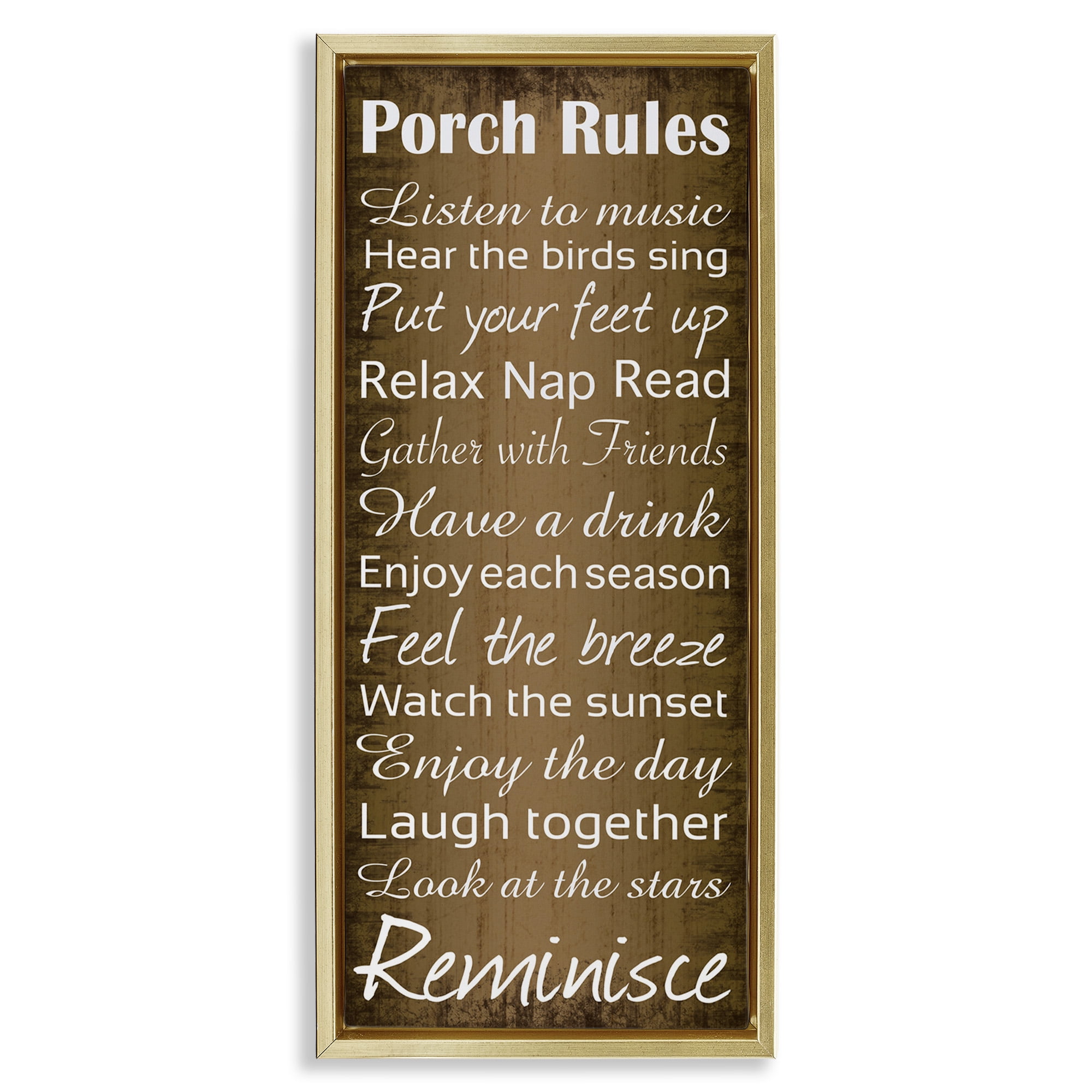 Stupell Industries Porch Rules Country Rustic Typography Painting Gold Floater Framed Canvas Art Print Wall Art, 11 x 25