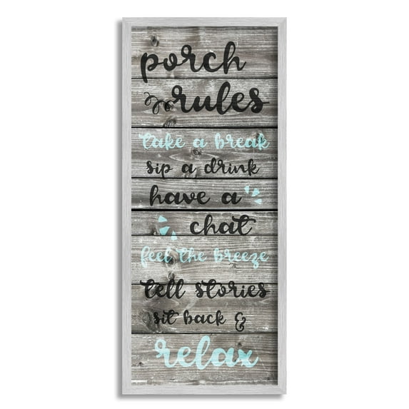 Stupell Industries Porch Rules Rustic Blue Sit Back and Relax Graphic Art Gray Framed Art Print Wall Art, 13x30, by Daphne Polselli