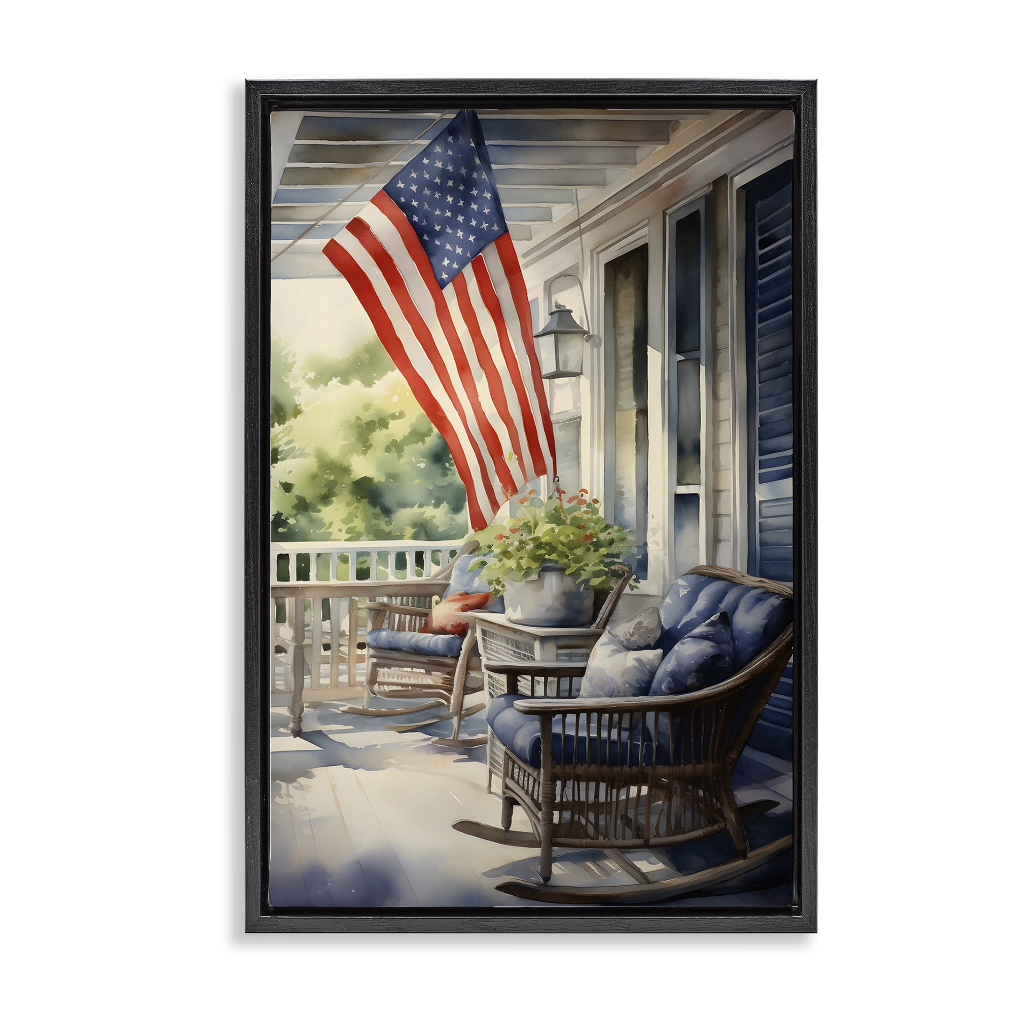 Stupell Industries Porch with American Flag Scenery Painting Black Floater Framed Canvas Art Print Wall Art, 17 x 25