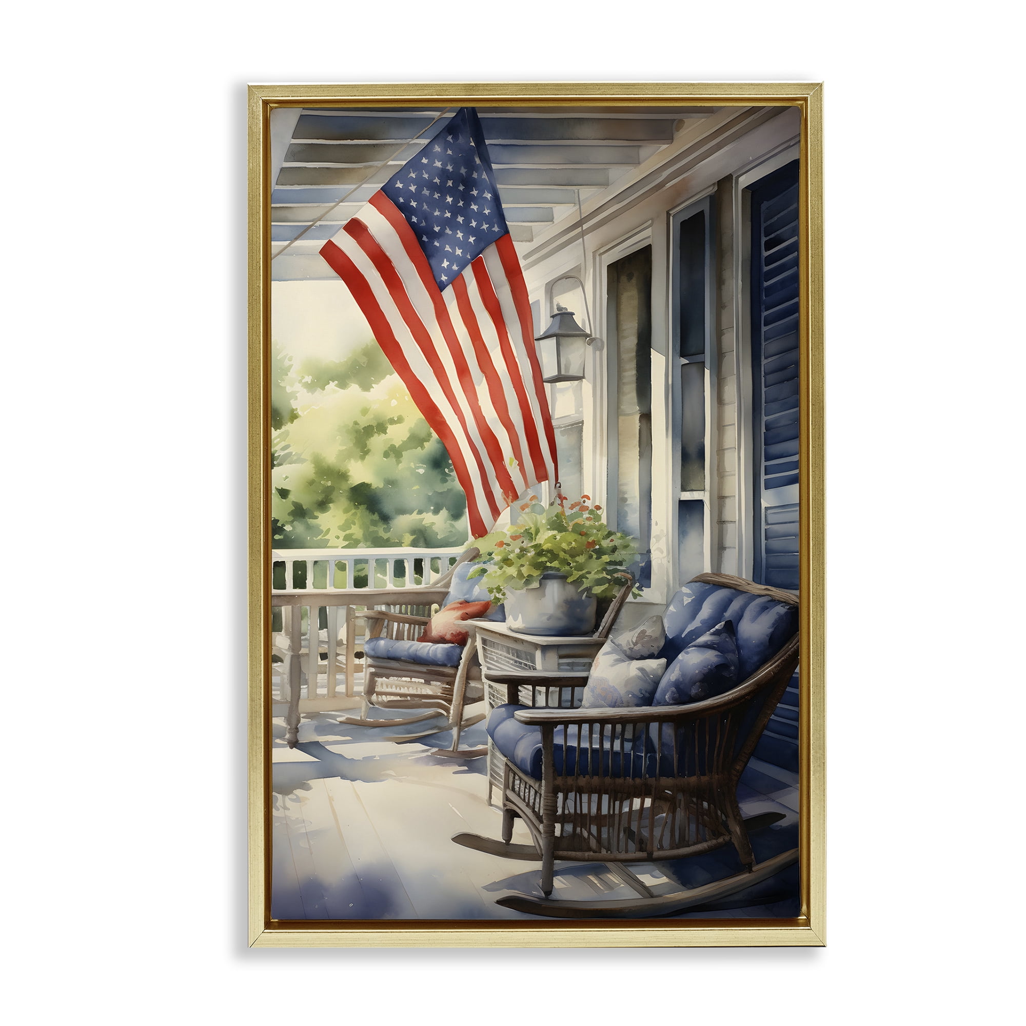 Stupell Industries Porch with American Flag Scenery Painting Gold Floater Framed Canvas Art Print Wall Art, 17 x 25