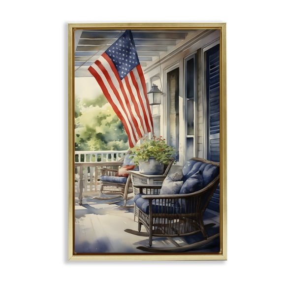 Stupell Industries Farmhouse Porch with American Flag Gold Floating Frame Canvas Art, 21 x 31, by Petals Prints Design