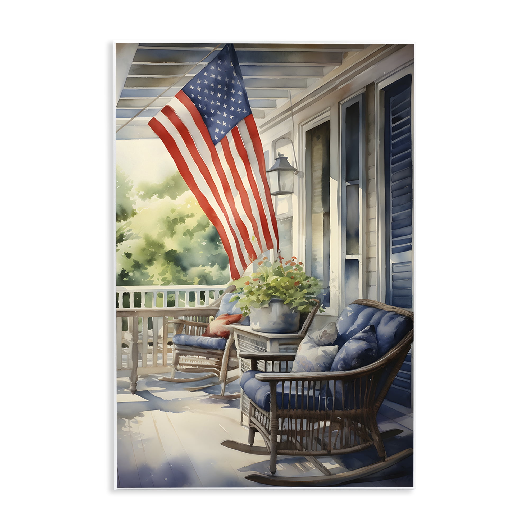 Stupell Industries Porch with American Flag Scenery Painting Unframed Art Print Wall Art, 13 x 19