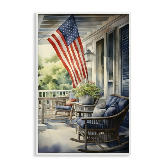 Stupell Industries Porch with American Flag Scenery Painting White Framed Art Print Wall Art, 16 x 24