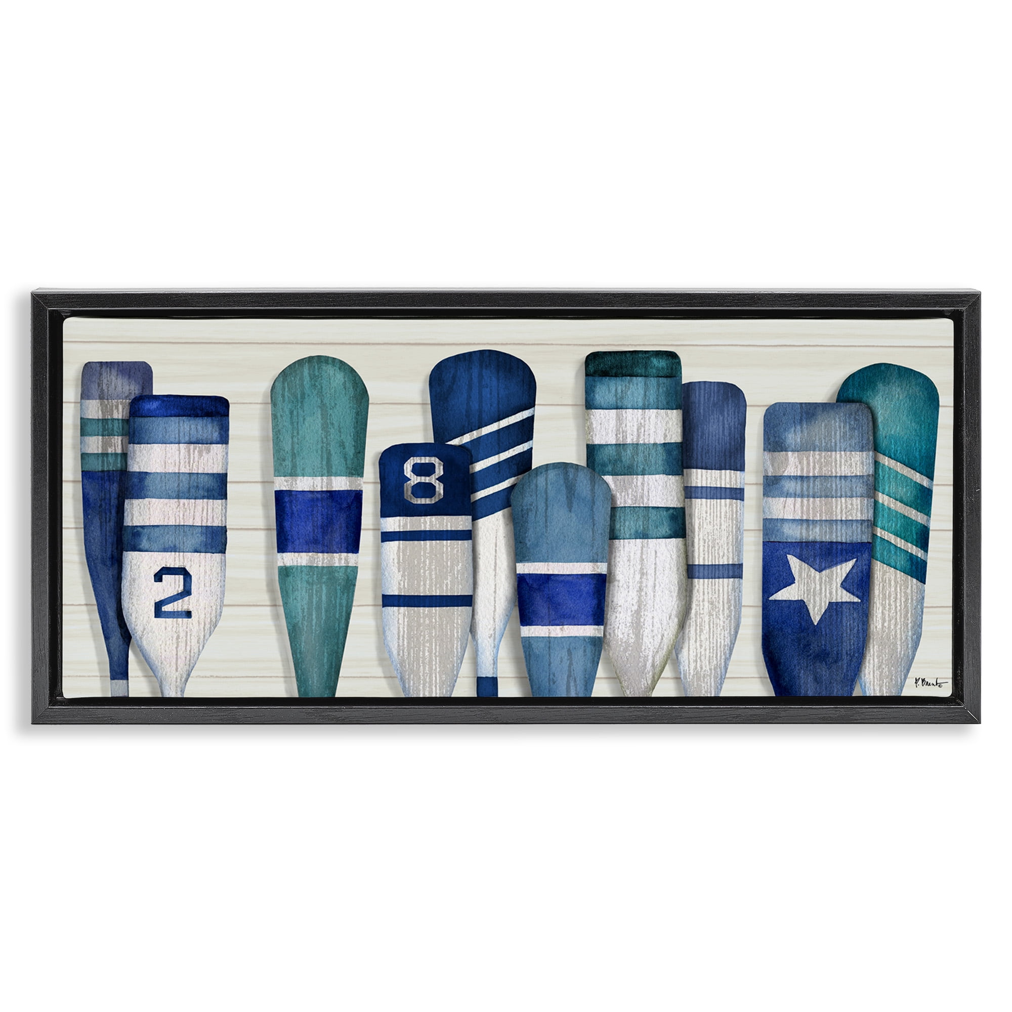 Stupell Industries Port Oars Nautical Blue Patterns Nature Painting Black Floater Framed Canvas Art Print Wall Art, 31 x 14