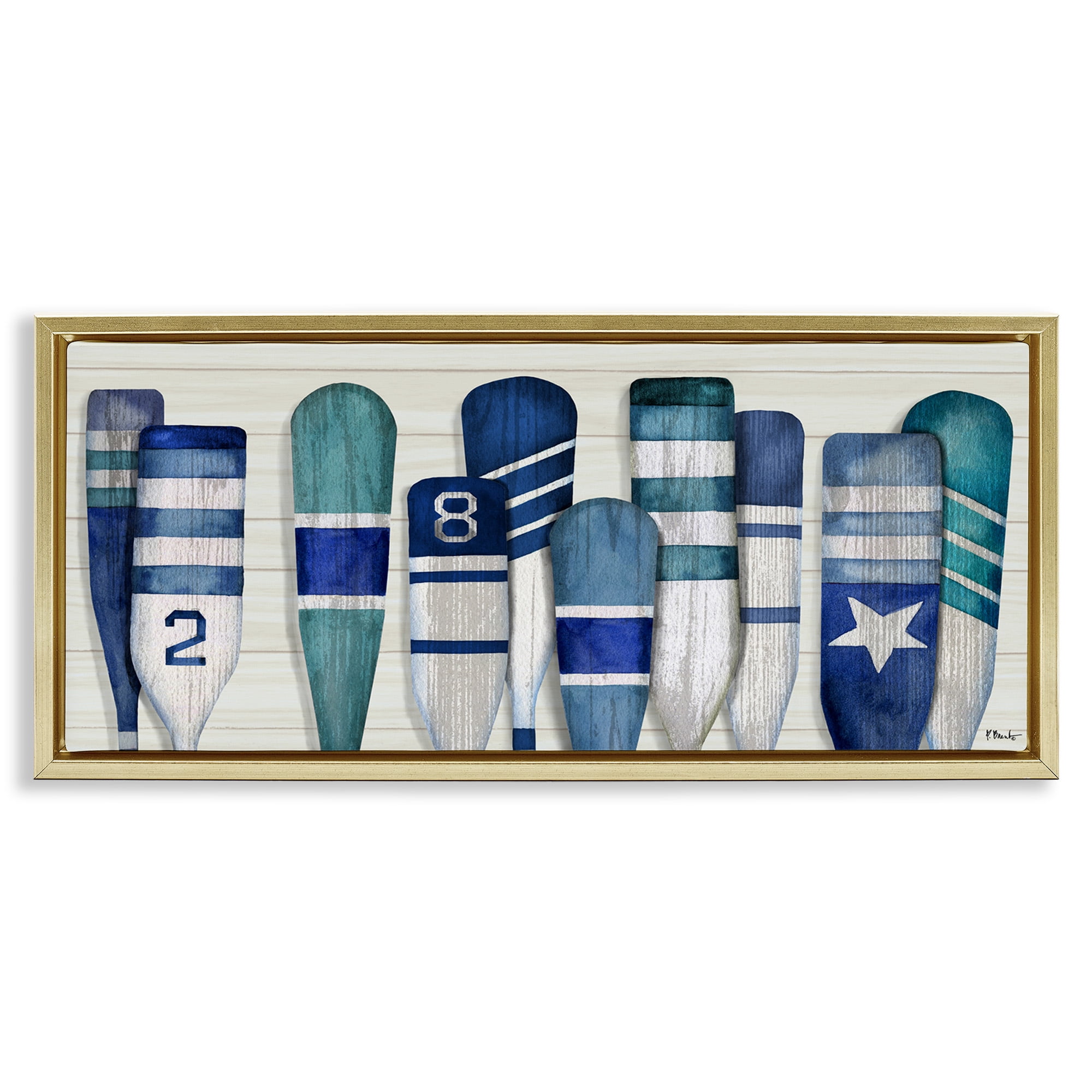 Stupell Industries Port Oars Nautical Blue Patterns Nature Painting Gold Floater Framed Canvas Art Print Wall Art, 31 x 14