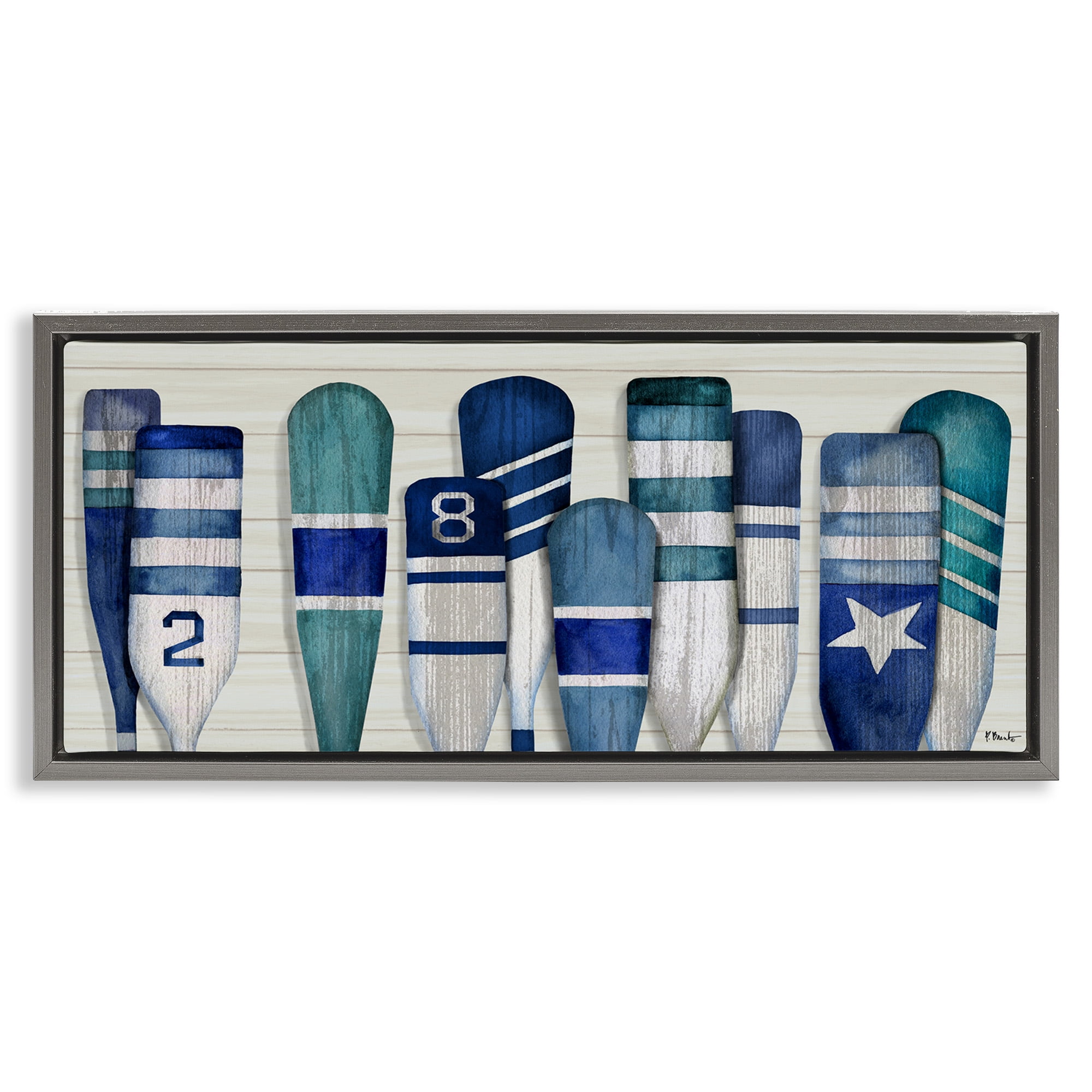 Stupell Industries Port Oars Nautical Blue Patterns Nature Painting Gray Floater Framed Canvas Art Print Wall Art, 25 x 11