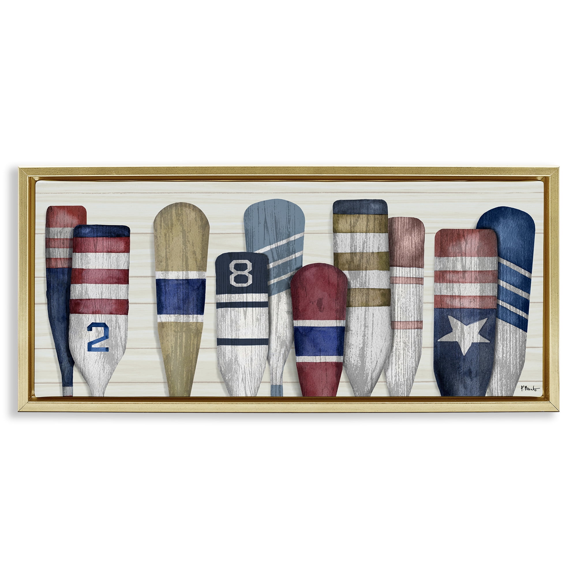 Stupell Industries Port Oars Vintage Americana Patterns Nature Painting Gold Floater Framed Canvas Art Print Wall Art, 25 x 11