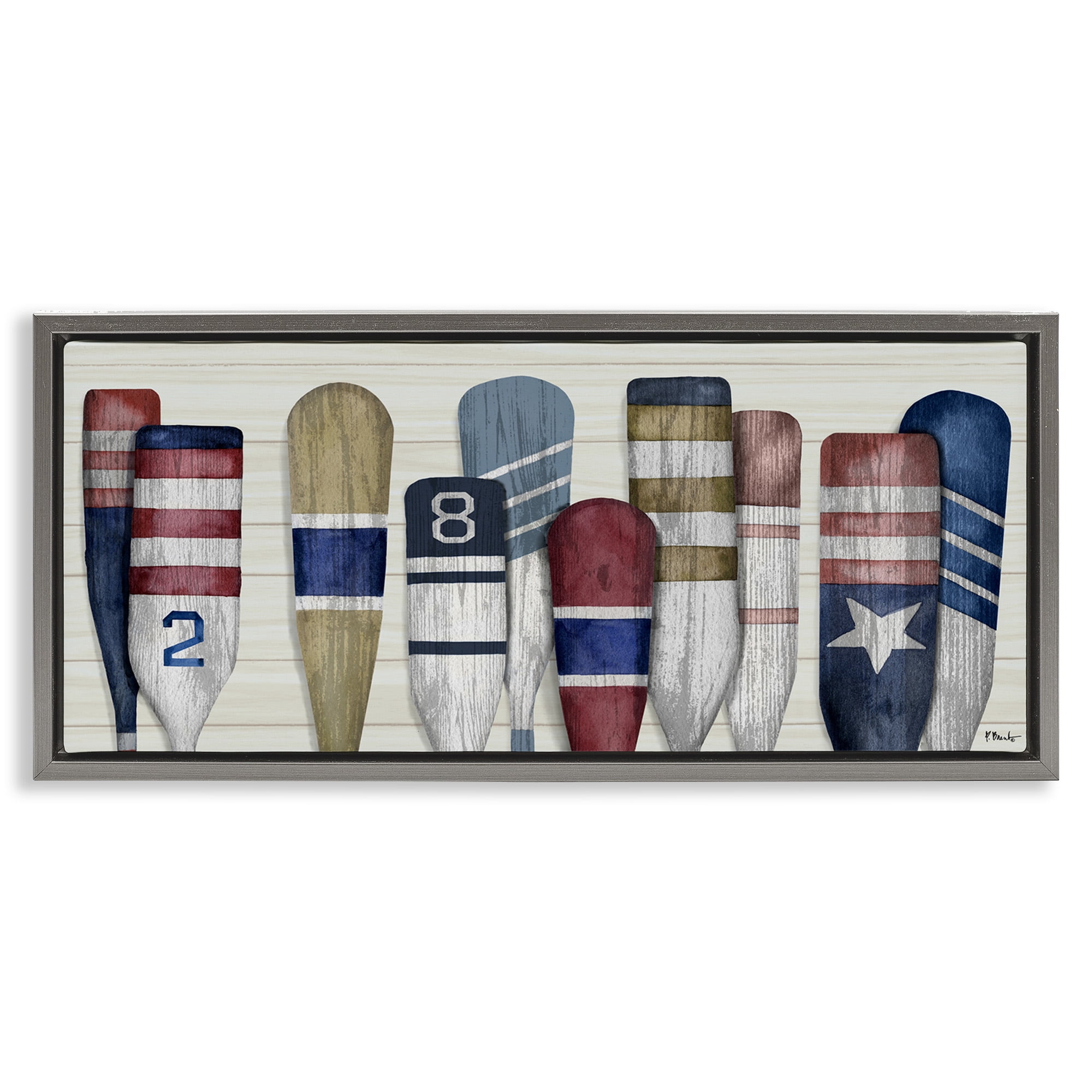 Stupell Industries Port Oars Vintage Americana Patterns Nature Painting Gray Floater Framed Canvas Art Print Wall Art, 31 x 14