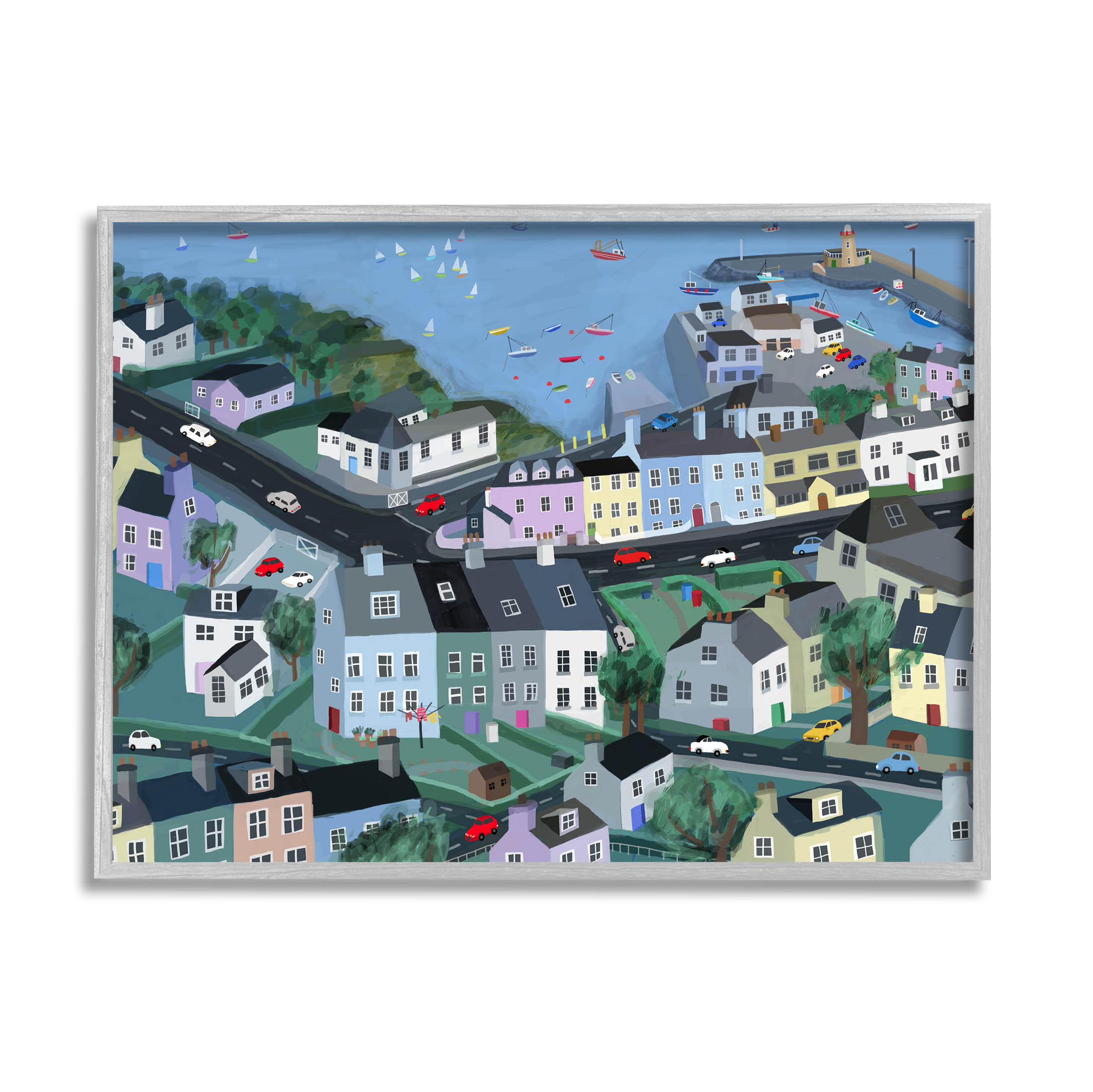 Stupell Industries Port Town Neighborhood Houses Graphic Art Gray Framed Art Print Wall Art, Design by Carla Daly