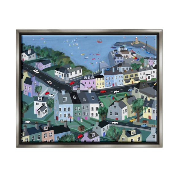 Stupell Industries Port Town Neighborhood Houses Graphic Art Luster Gray Floating Framed Canvas Print Wall Art, Design by Carla Daly