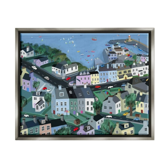 Stupell Industries Port Town Neighborhood Houses Graphic Art Luster Gray Floating Framed Canvas Print Wall Art, Design by Carla Daly