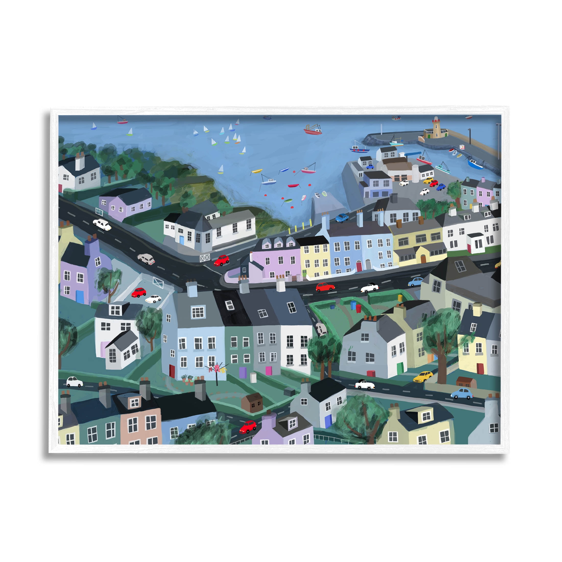 Stupell Industries Port Town Neighborhood Houses Graphic Art White Framed Art Print Wall Art, Design by Carla Daly