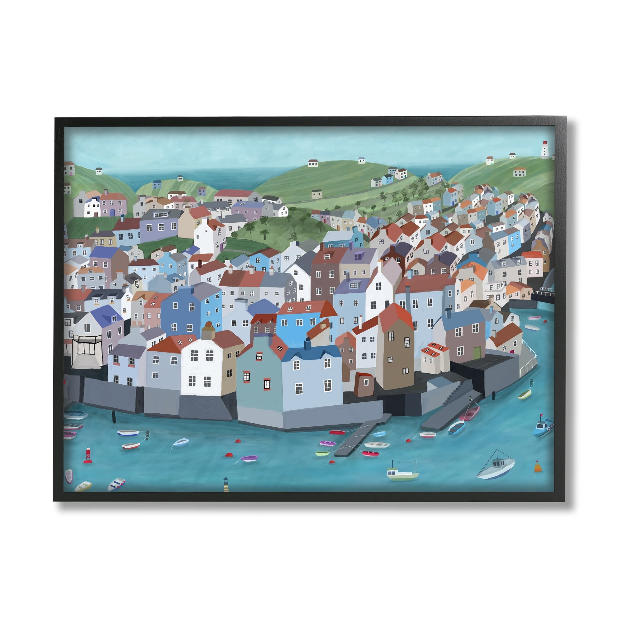 Stupell Industries Port Town Neighborhood Ocean View City Illustration Graphic Art Black Framed Art Print Wall Art, 30x24, by Carla Daly