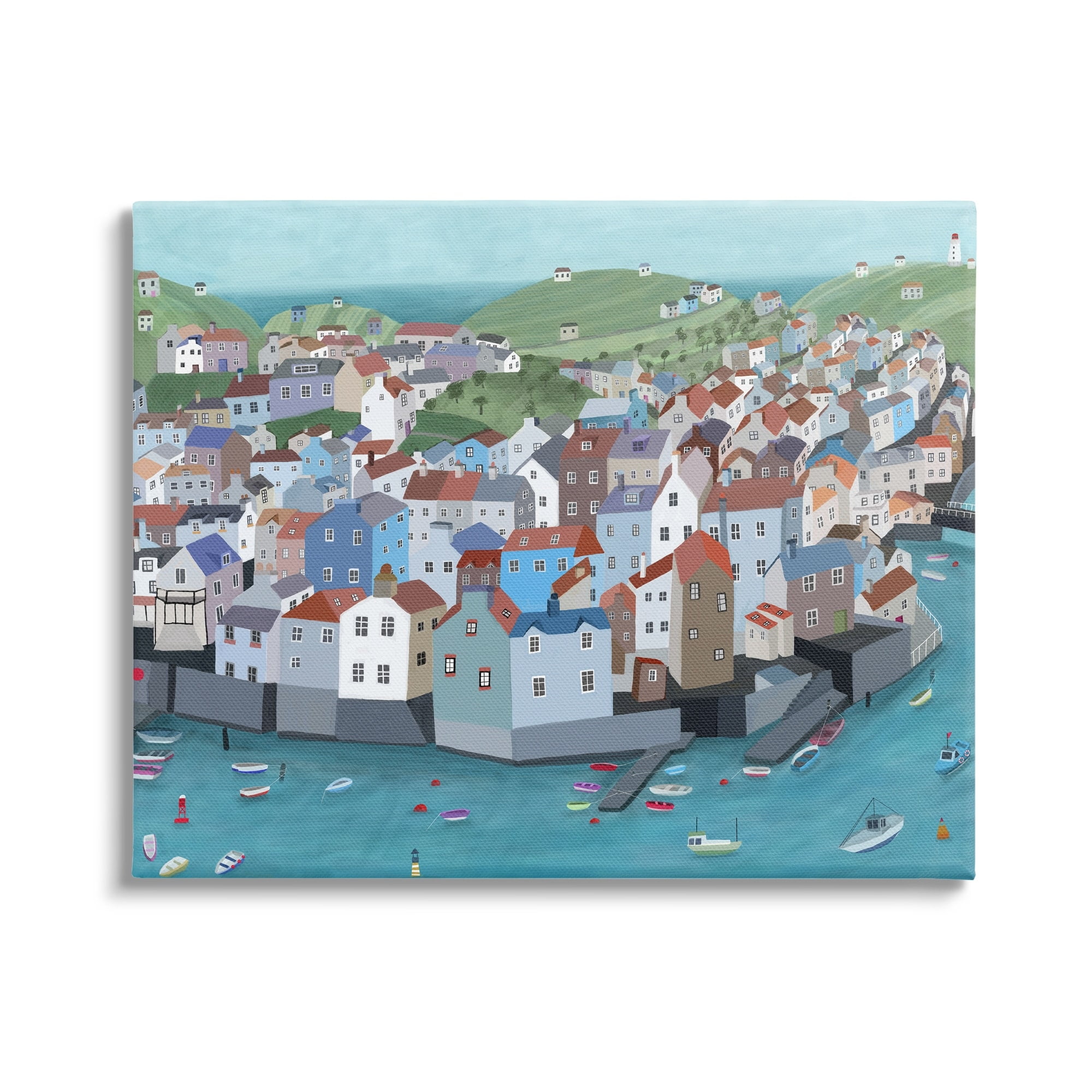 Stupell Industries Port Town Neighborhood Ocean View City Illustration Graphic Art Gallery-Wrapped Canvas Print Wall Art, 40x30, by Carla Daly
