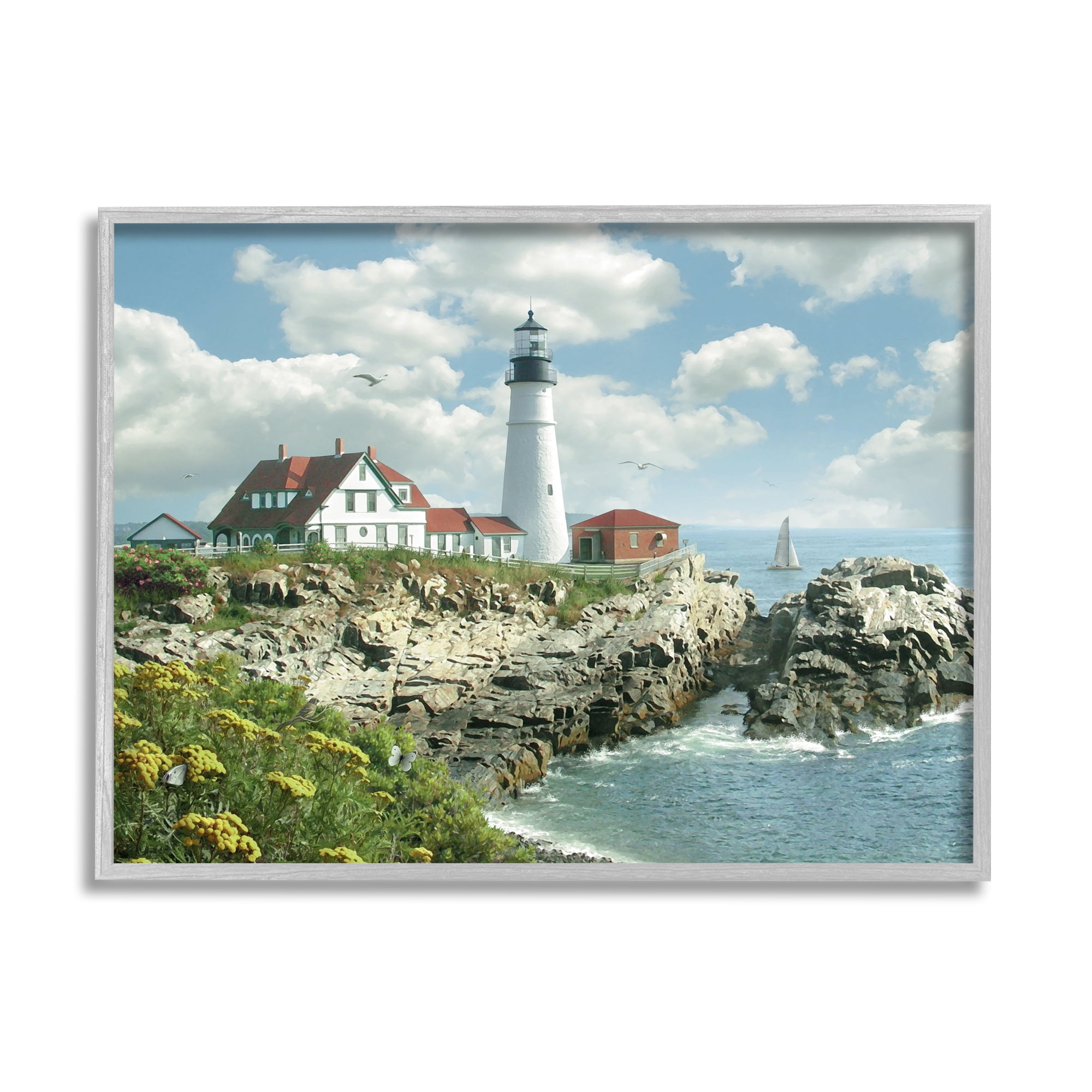 Stupell Industries Portland Head Lighthouse Scene Grassy Ocean Side Peninsula with Sail Boat Graphic Art Gray Framed Art Print Wall Art, 11x14, by Alan Giana & Company