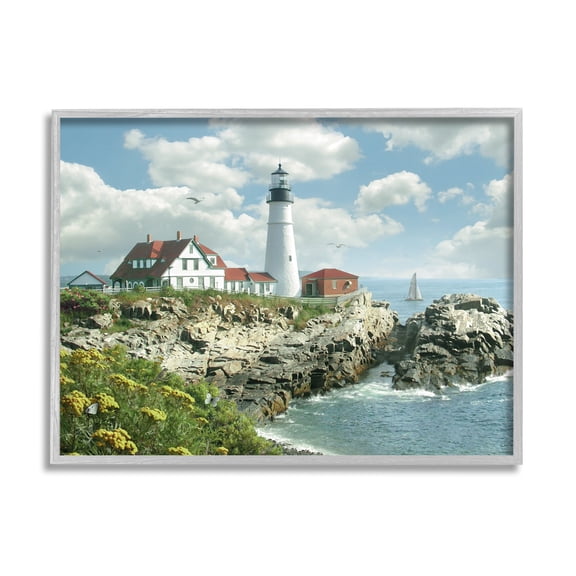 Stupell Industries Portland Head Lighthouse Scene Grassy Ocean Side Peninsula with Sail Boat Graphic Art Gray Framed Art Print Wall Art, 24x30, by Alan Giana & Company