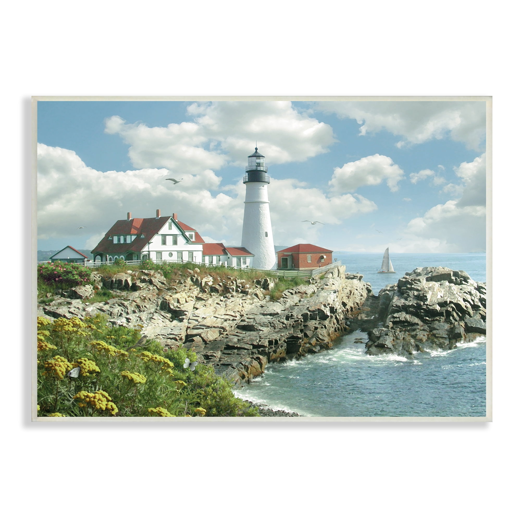 Stupell Industries Portland Head Lighthouse Scene Grassy Ocean Side Peninsula with Sail Boat, 13 x 19,Design by Alan Giana & Company