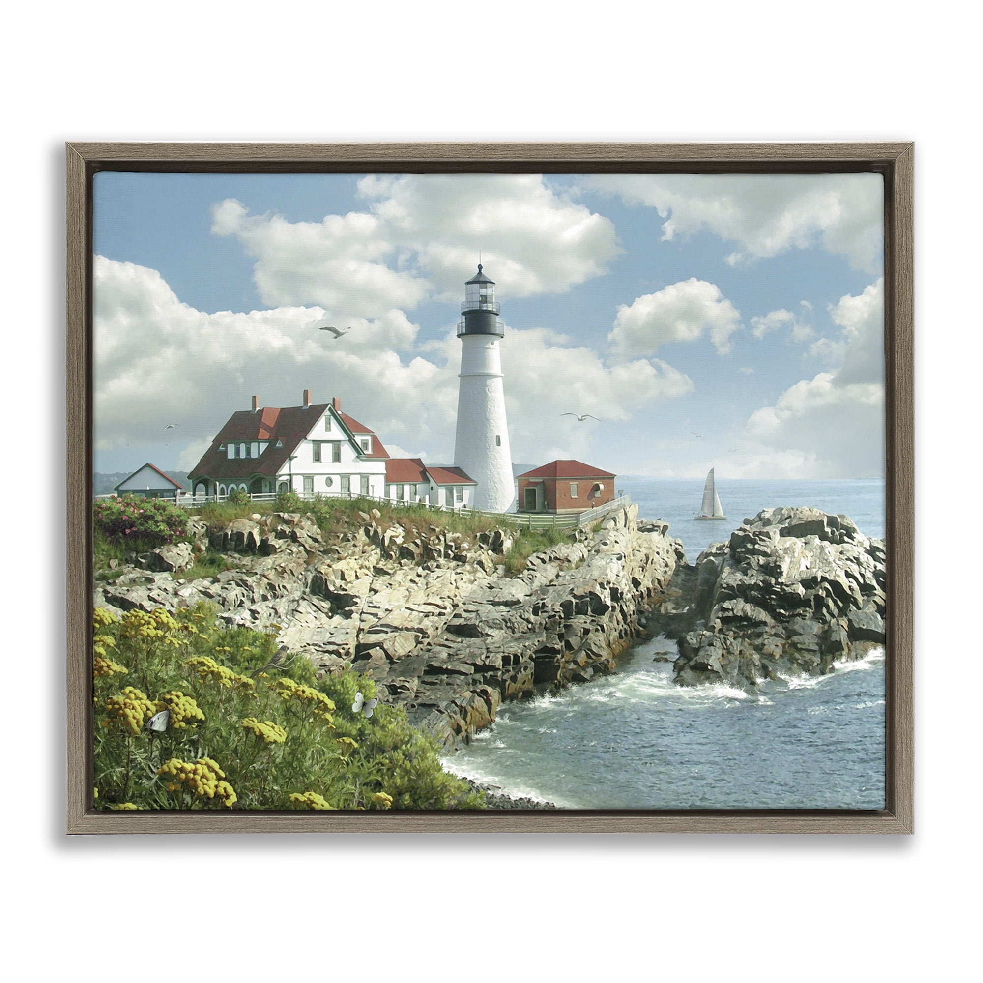 Stupell Industries Portland Lighthouse Peninsula Scene Landscape Painting Brown Floater Framed Canvas Art Print Wall Art, 21 x 17