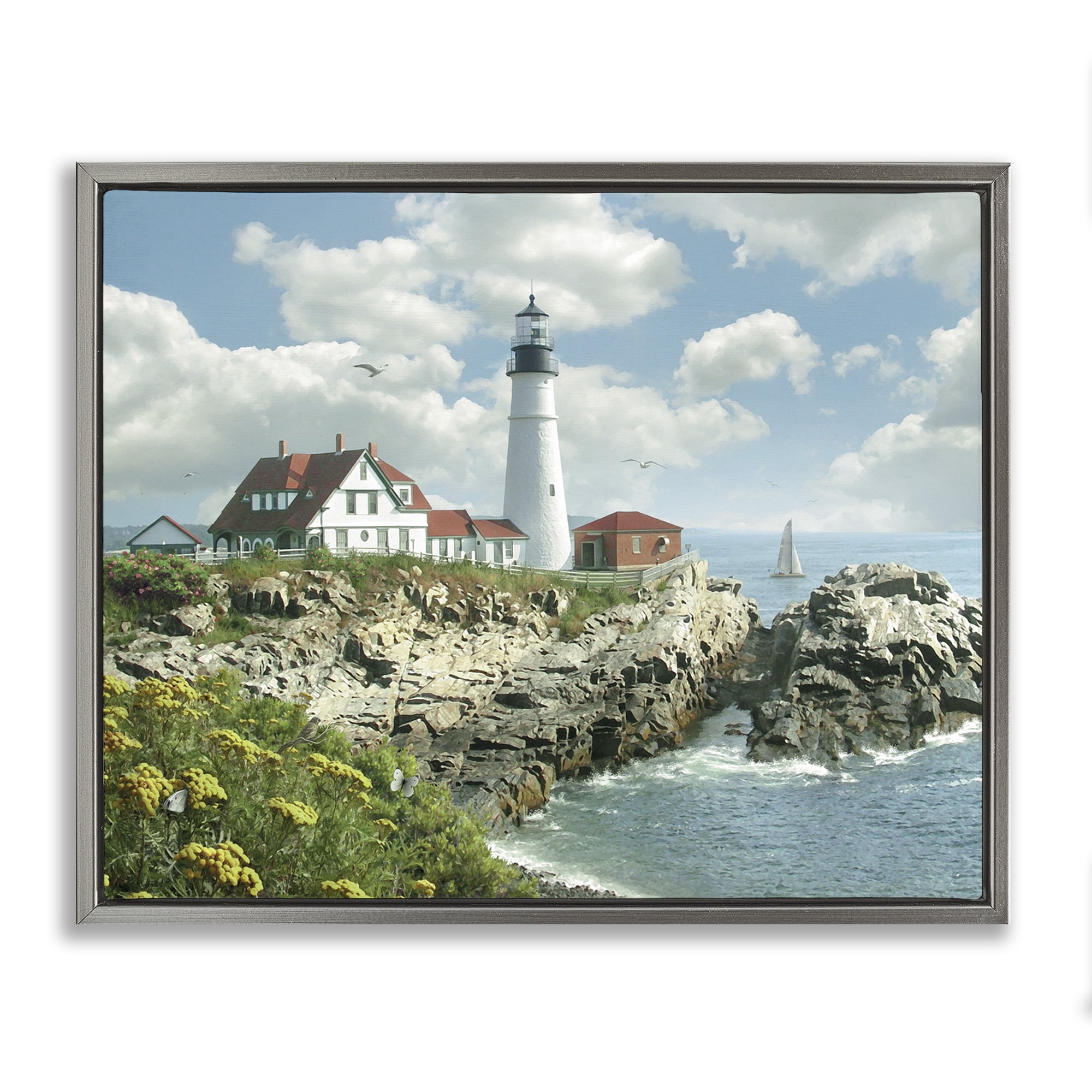 Stupell Industries Portland Lighthouse Peninsula Scene Landscape Painting Gray Floater Framed Canvas Art Print Wall Art, 31 x 25